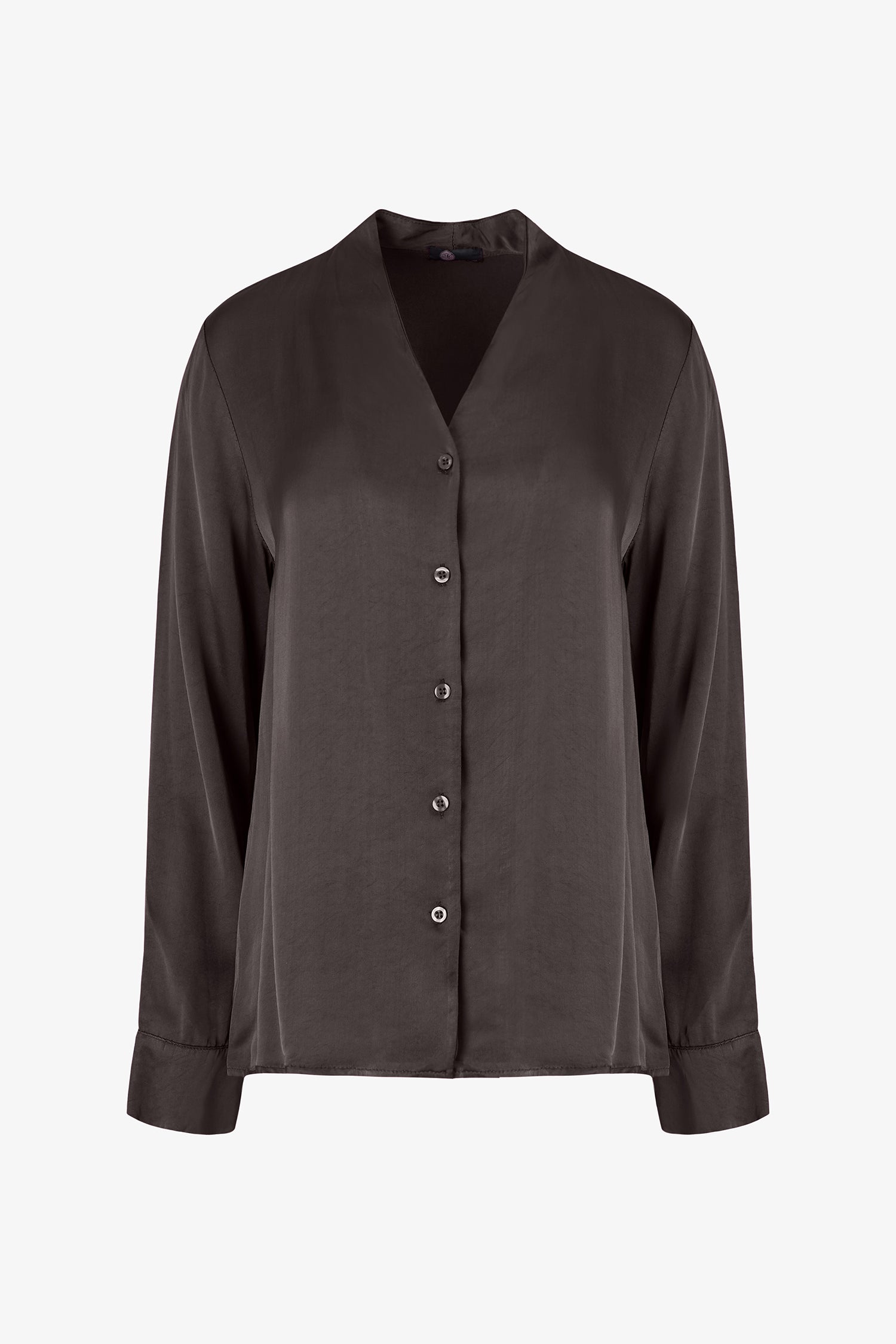 Women’s woven button down shirt, with long sleeves and a v-neckline