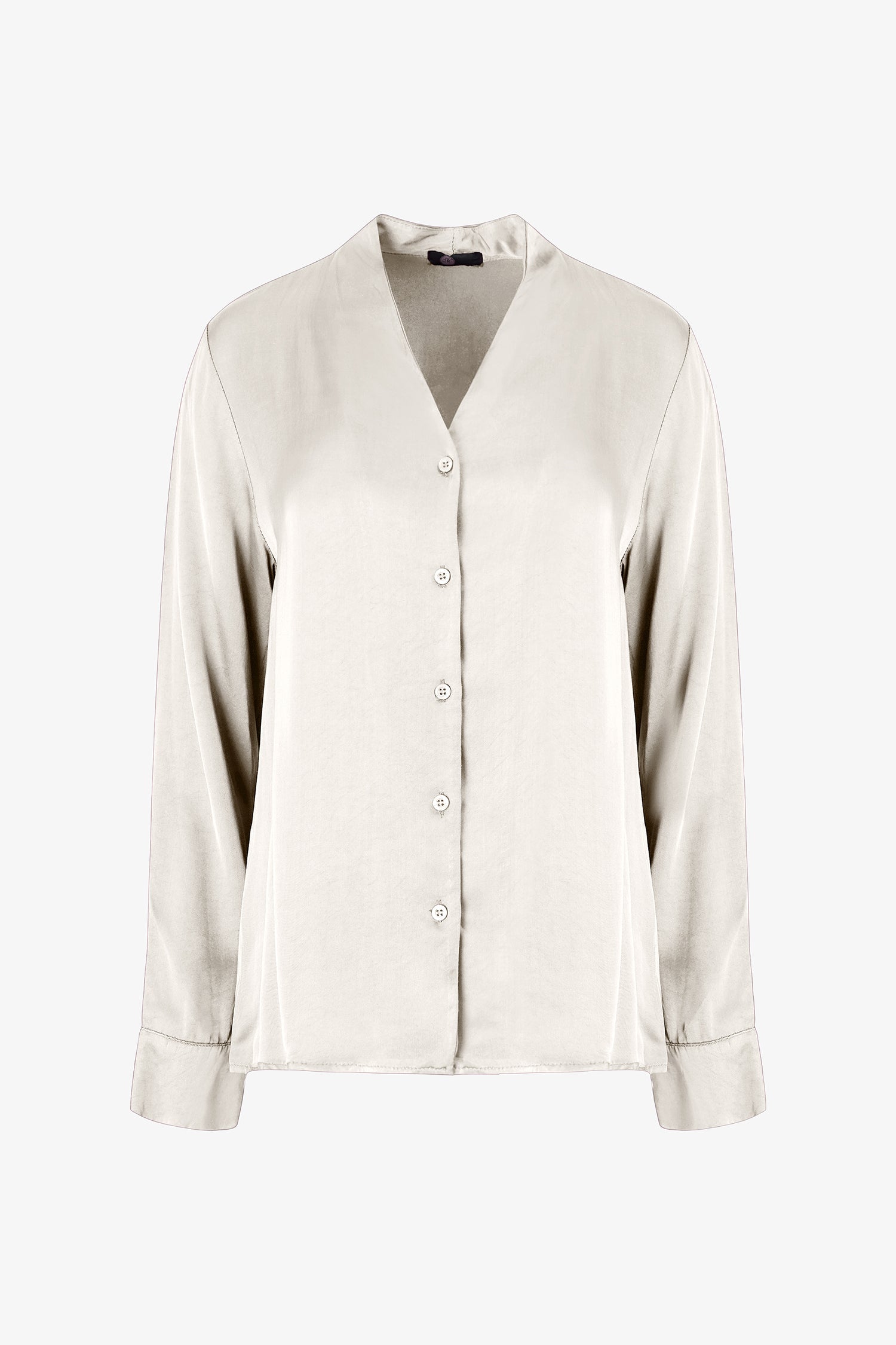 Women’s woven button down shirt, with long sleeves and a v-neckline