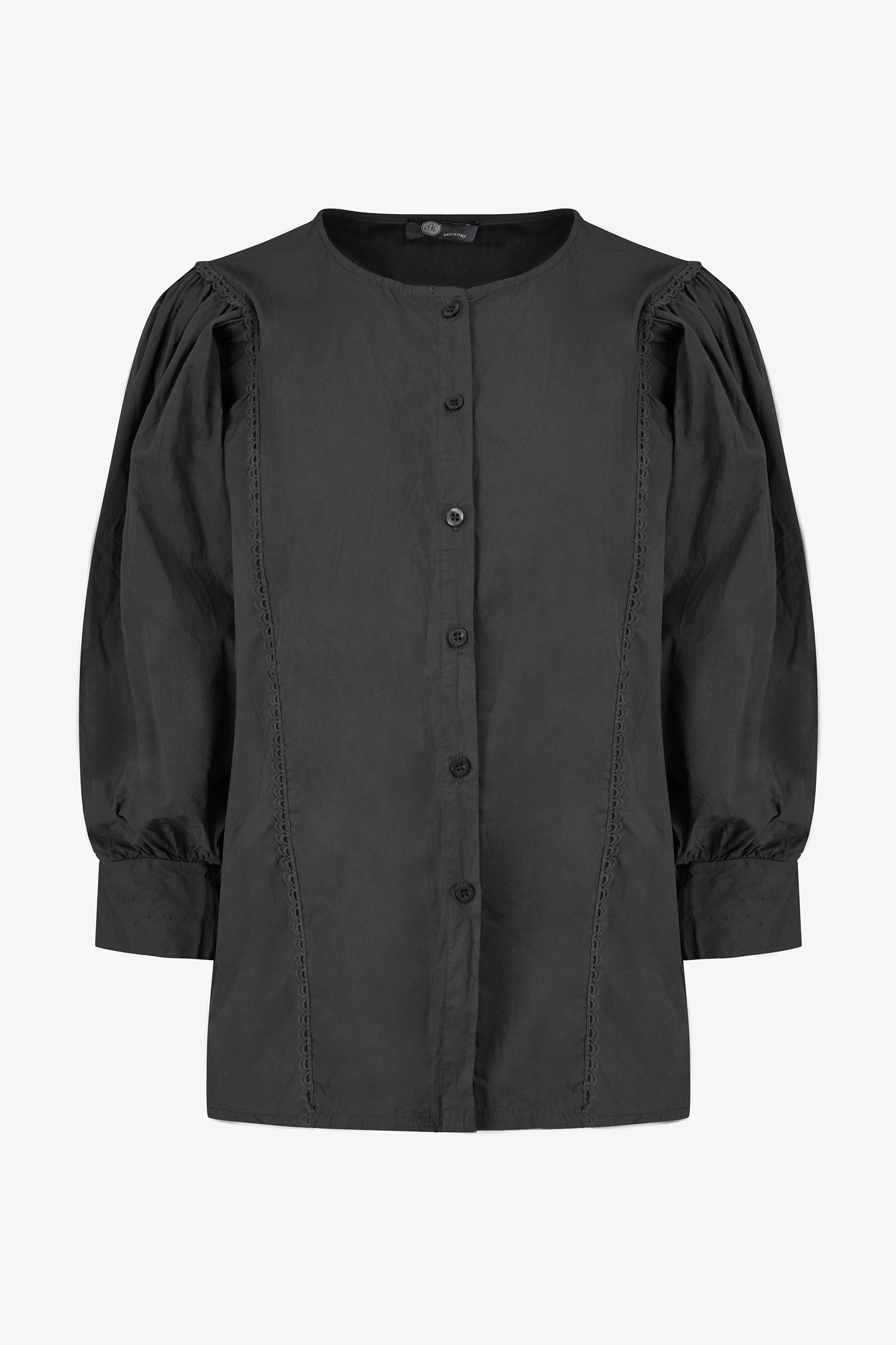 Women’s woven button-down crew-neckline shirt, with long sleeves and trim detailing