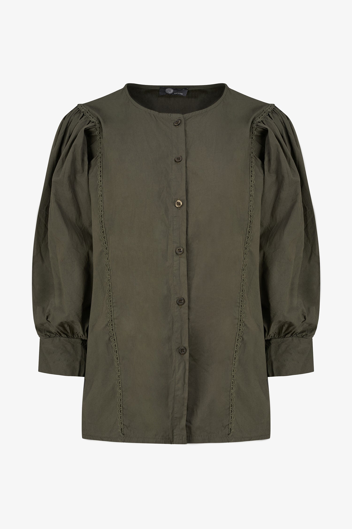 Women’s woven button-down crew-neckline shirt, with long sleeves and trim detailing