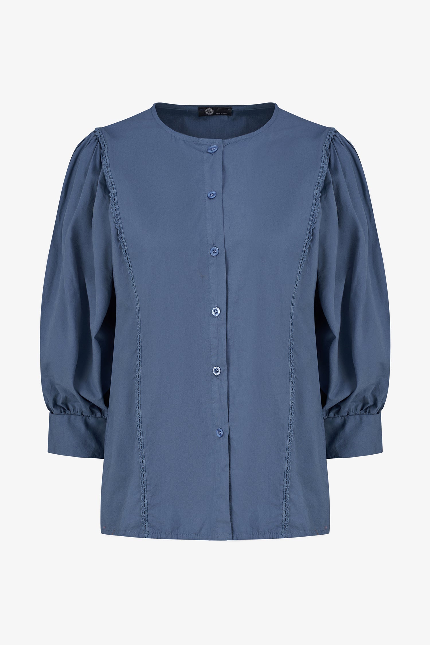 Women’s woven button-down crew-neckline shirt, with long sleeves and trim detailing