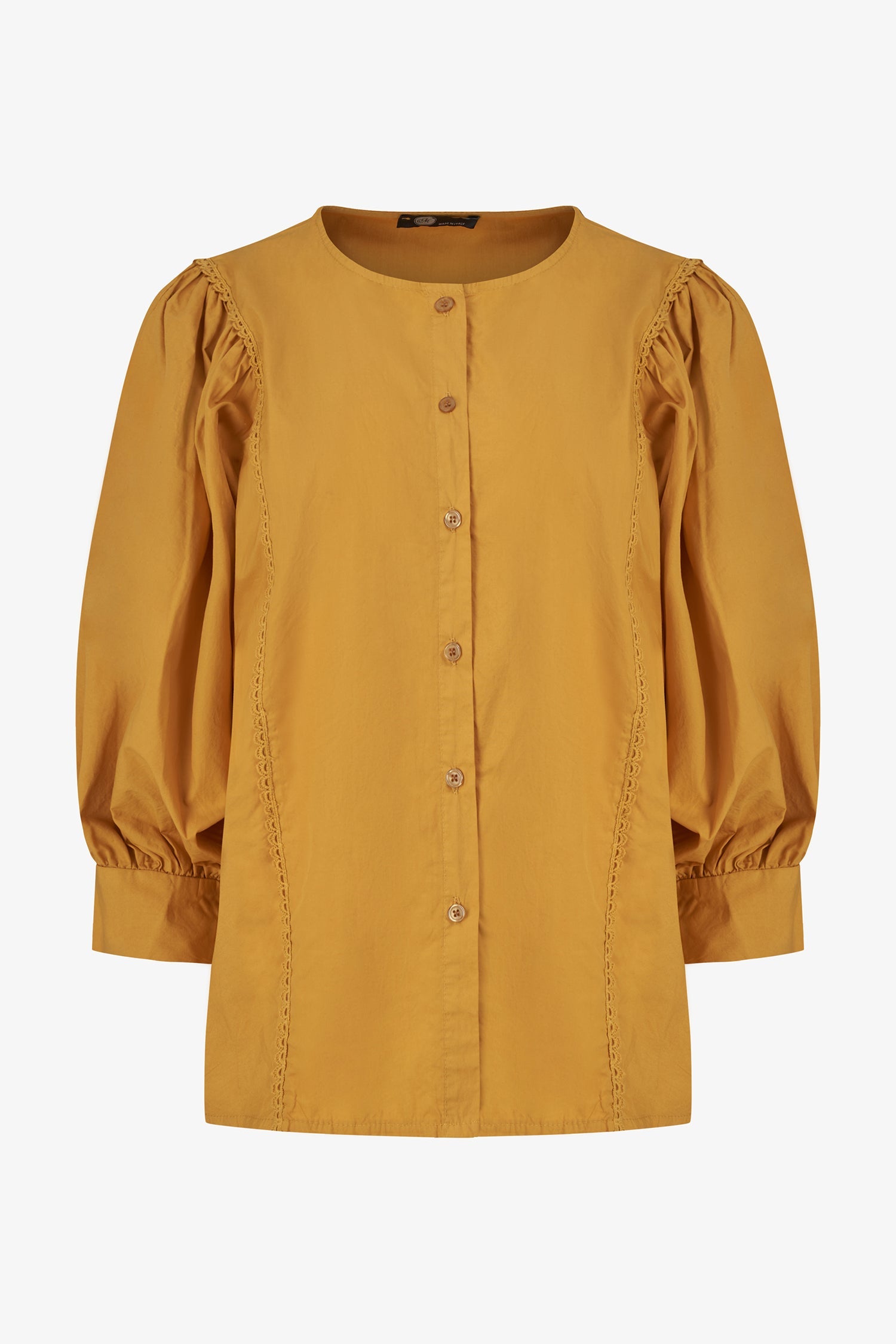 Women’s woven button-down crew-neckline shirt, with long sleeves and trim detailing