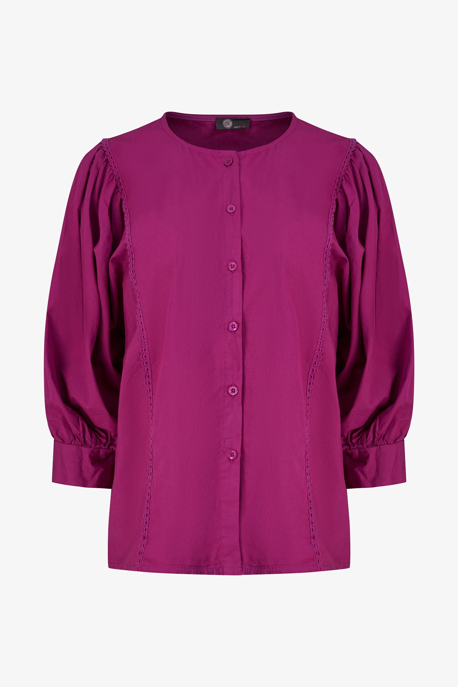 Women’s woven button-down crew-neckline shirt, with long sleeves and trim detailing