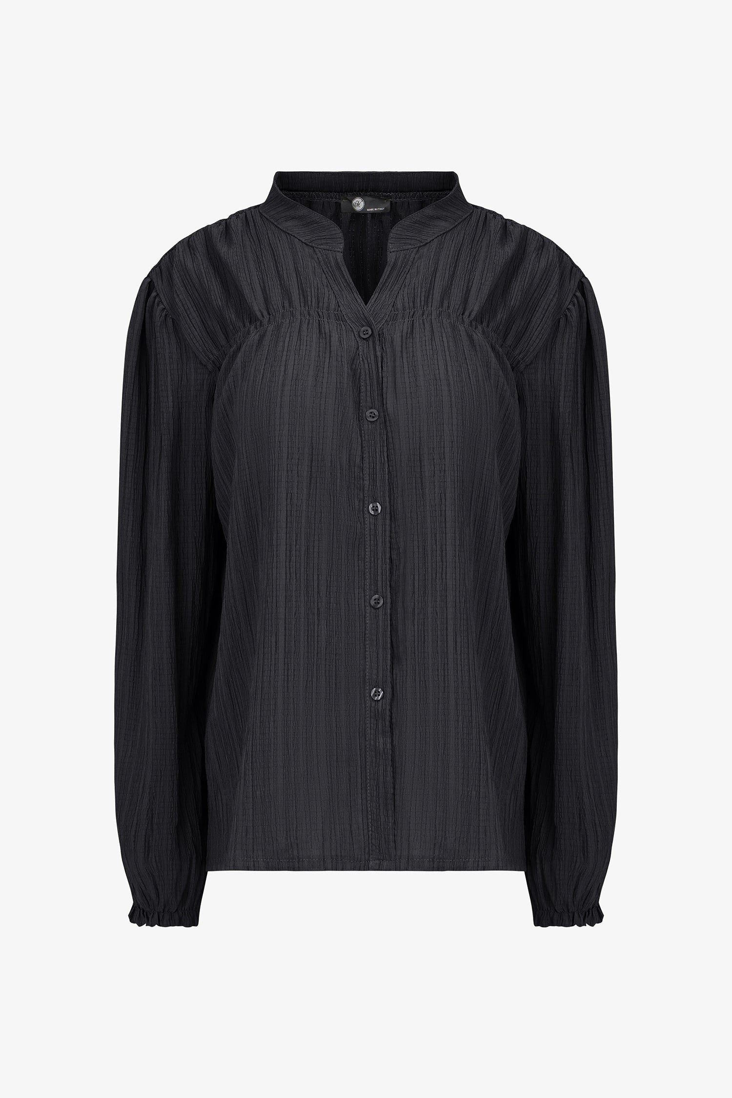 Women's woven button down shirt, with a v-neckline & stand collar, and smocked detailing at the shoulders (front & back)