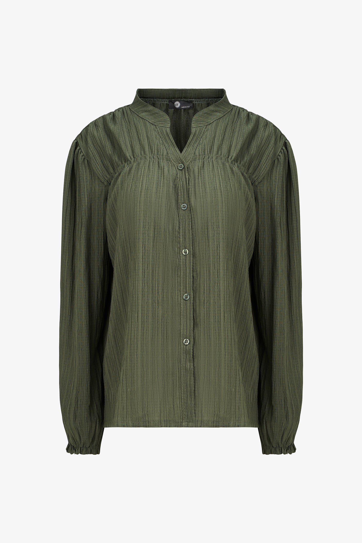 Women's woven button down shirt, with a v-neckline & stand collar, and smocked detailing at the shoulders (front & back)