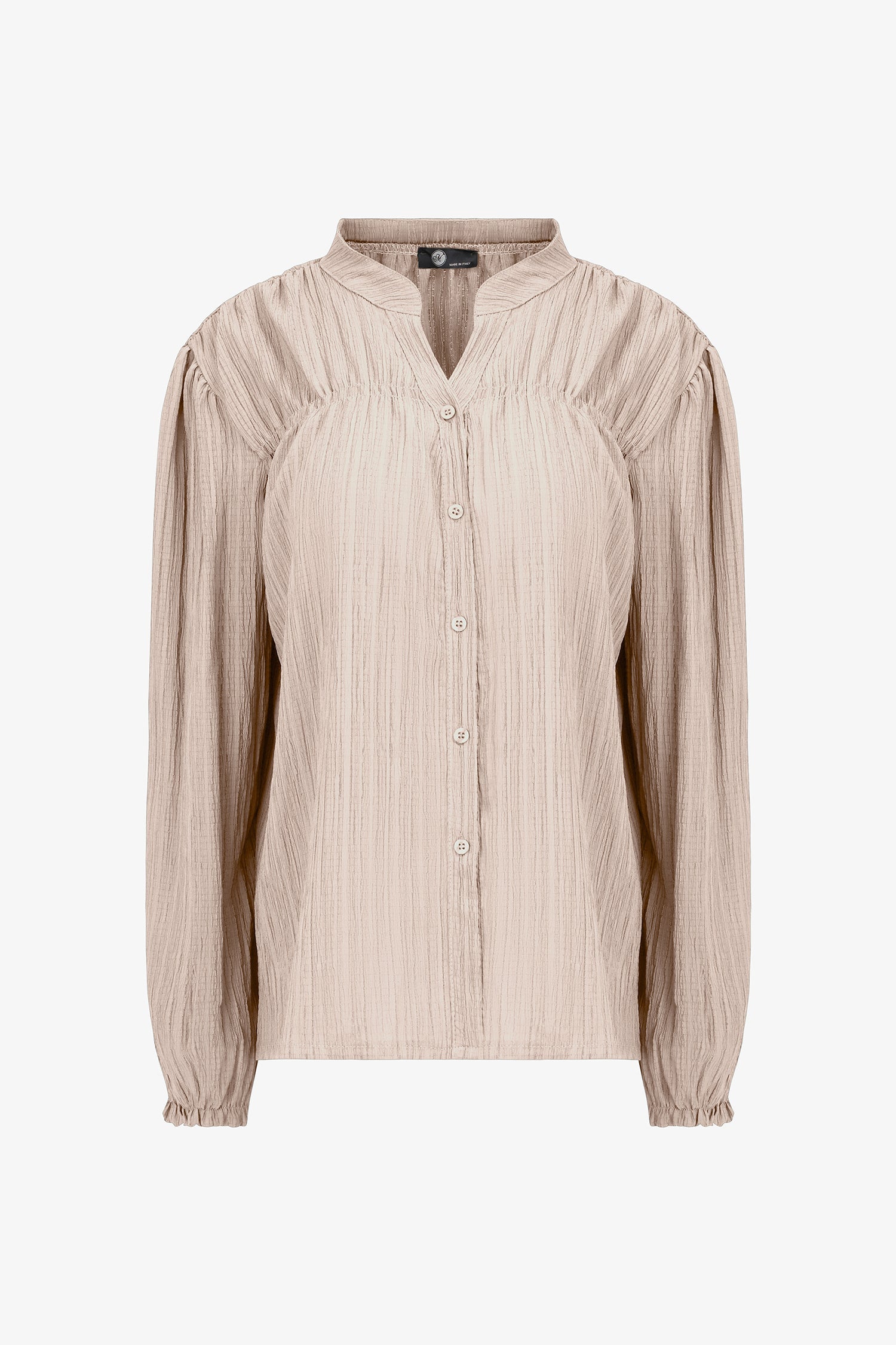 Women's woven button down shirt, with a v-neckline & stand collar, and smocked detailing at the shoulders (front & back)