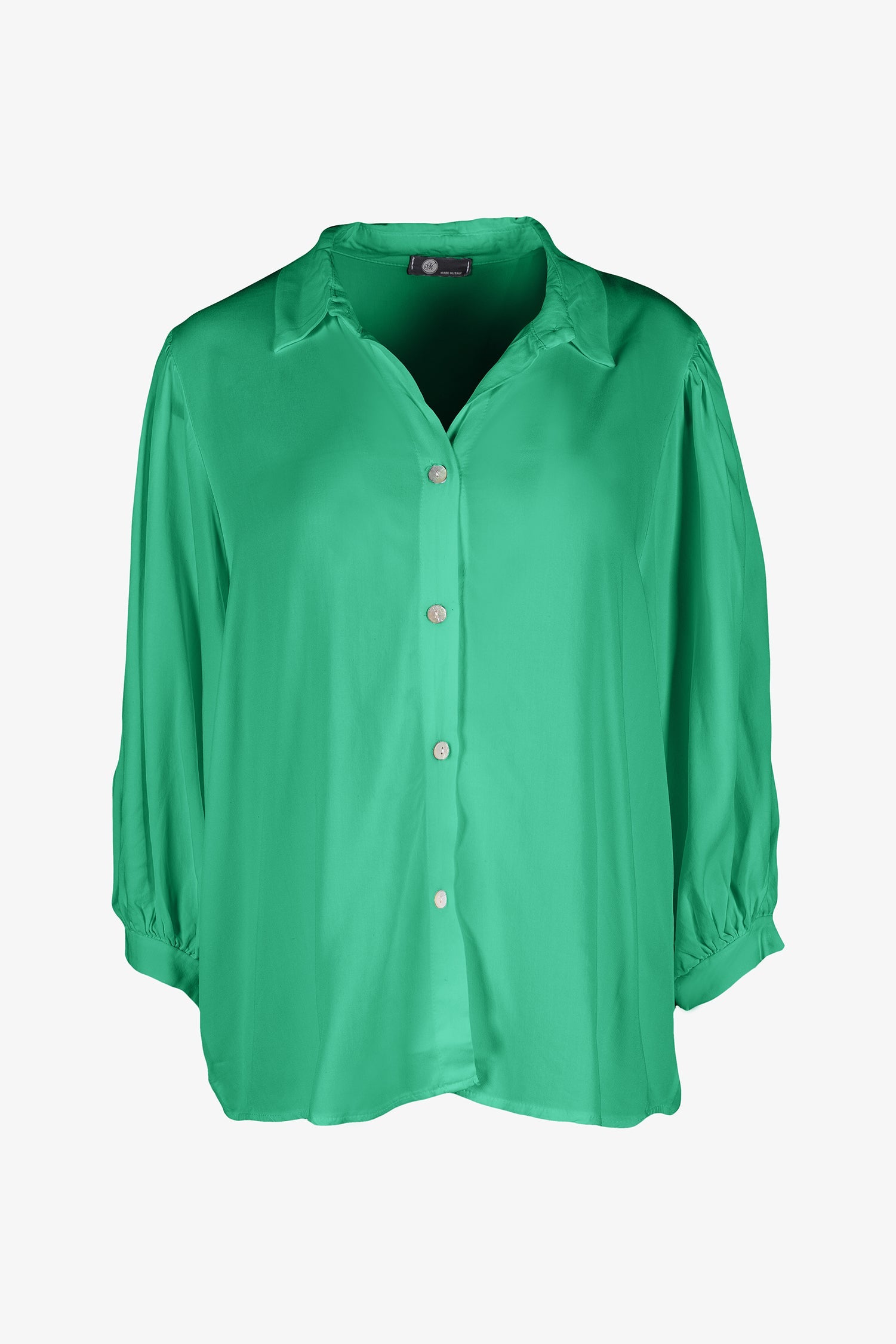 Women’s woven button-down shirt, with 3/4th length balloon sleeves