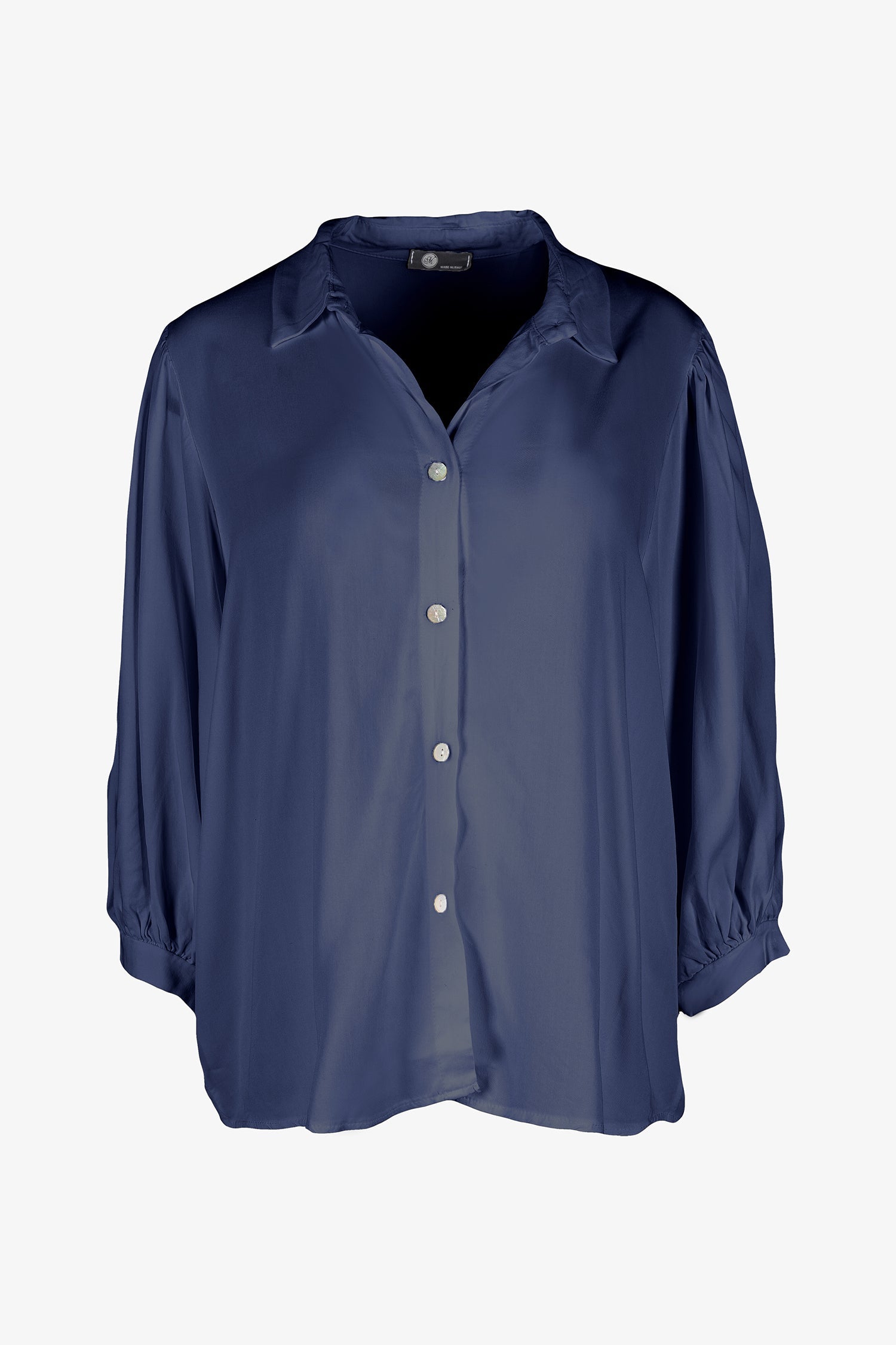 Women’s woven button-down shirt, with 3/4th length balloon sleeves