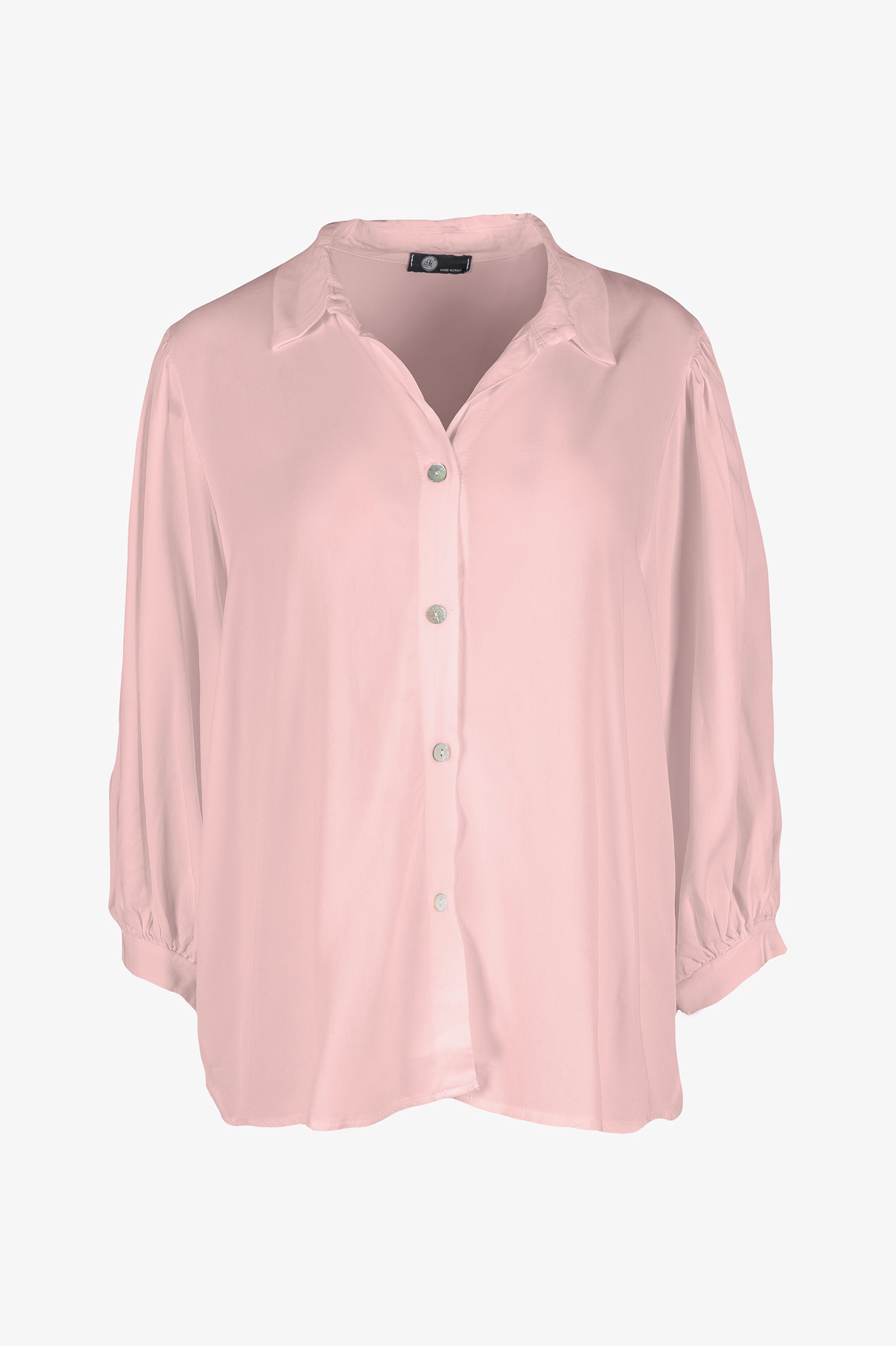 Women’s woven button-down shirt, with 3/4th length balloon sleeves
