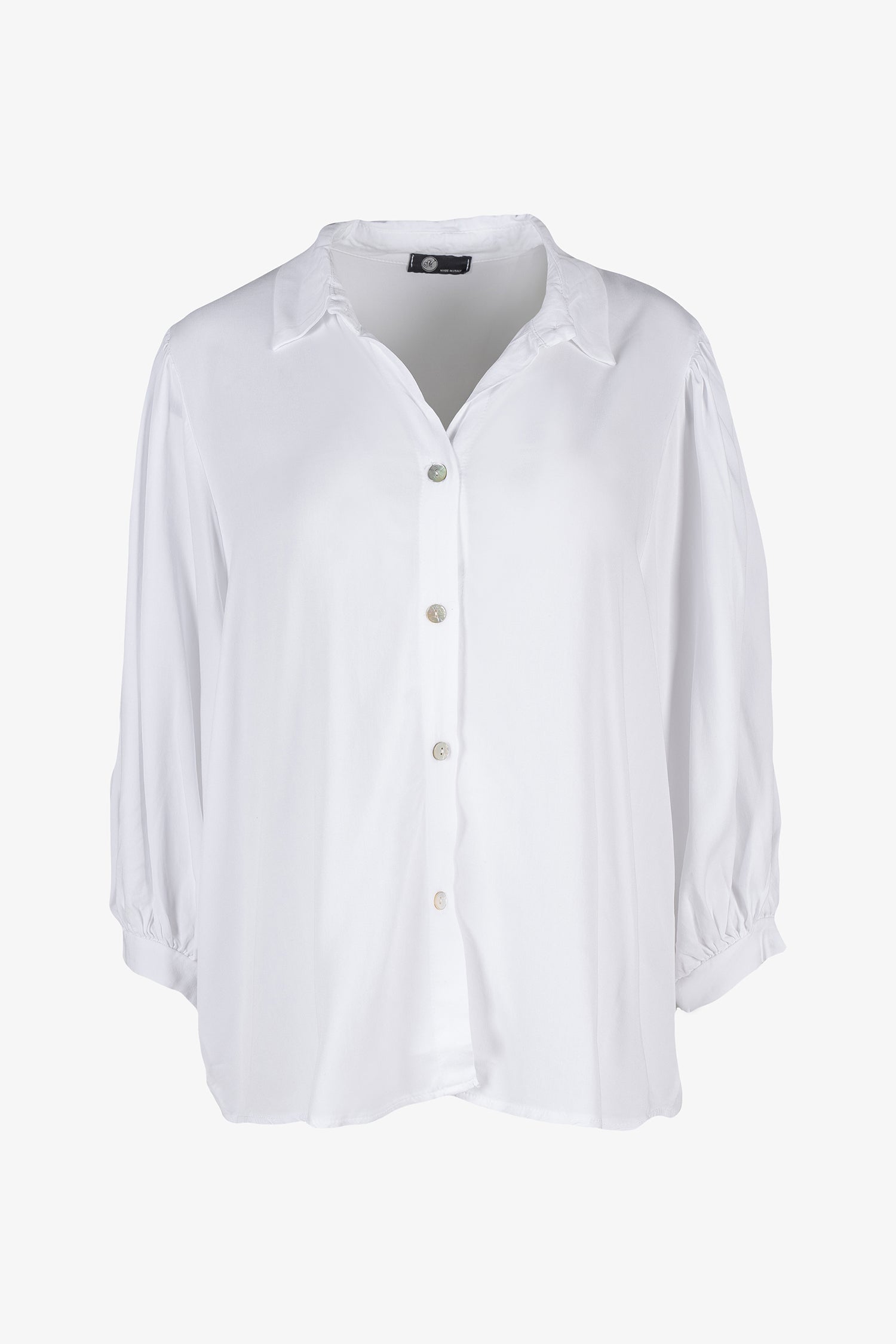 Women’s woven button-down shirt, with 3/4th length balloon sleeves