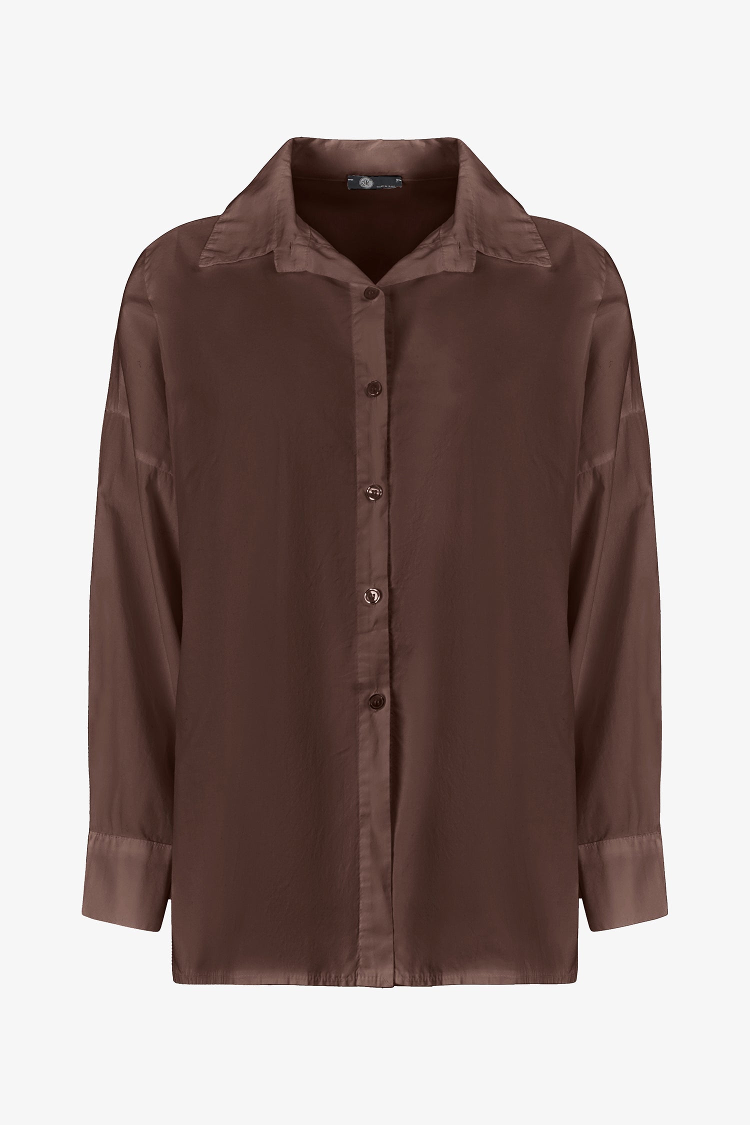 Women's woven button-down long sleeve shirt, with a pleated back detailing