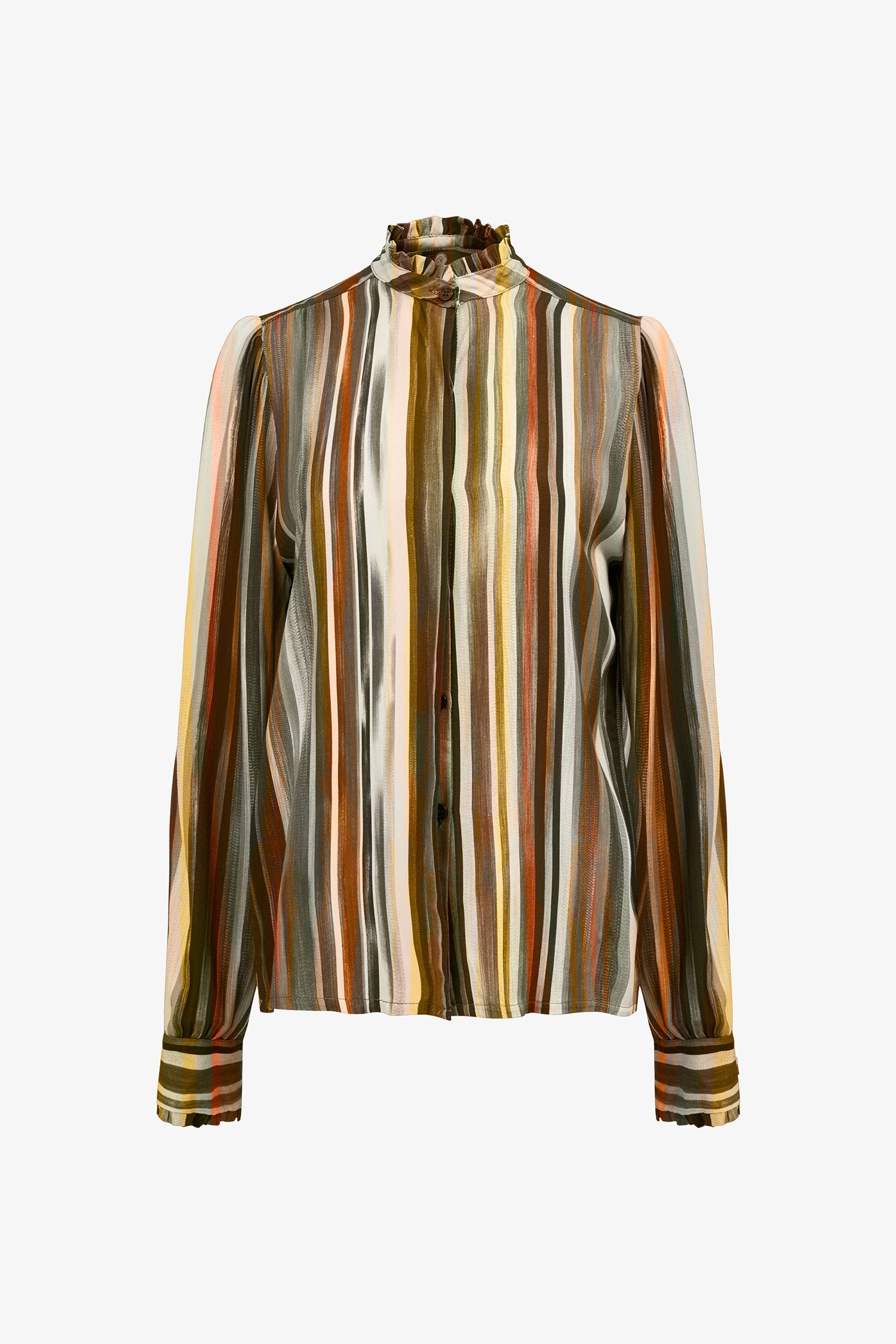 Women’s woven button-down shirt, with long set-in sleeves, a ruffled stand collar and ruffled cuffs