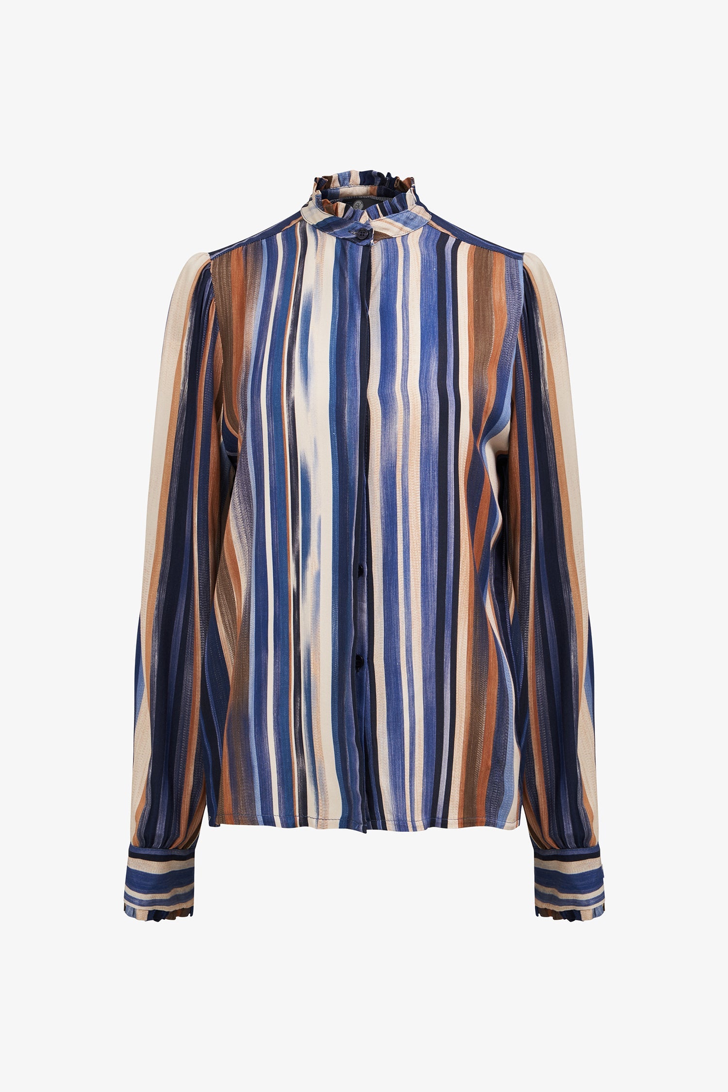 Women’s woven button-down shirt, with long set-in sleeves, a ruffled stand collar and ruffled cuffs