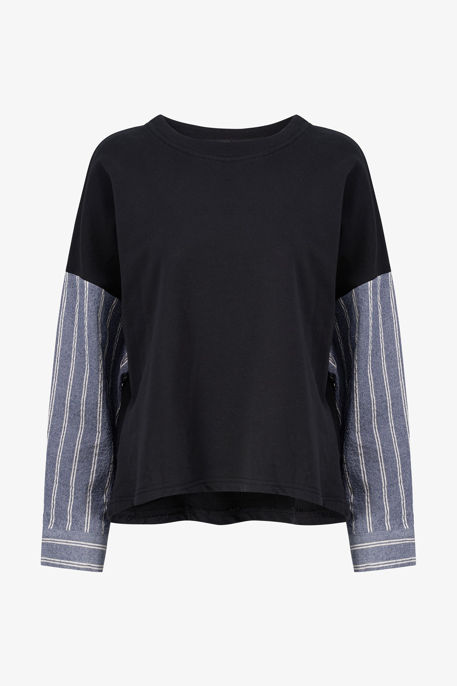 Women's woven & knit combo long sleeve sweatshirt (woven sleeves, knit body)