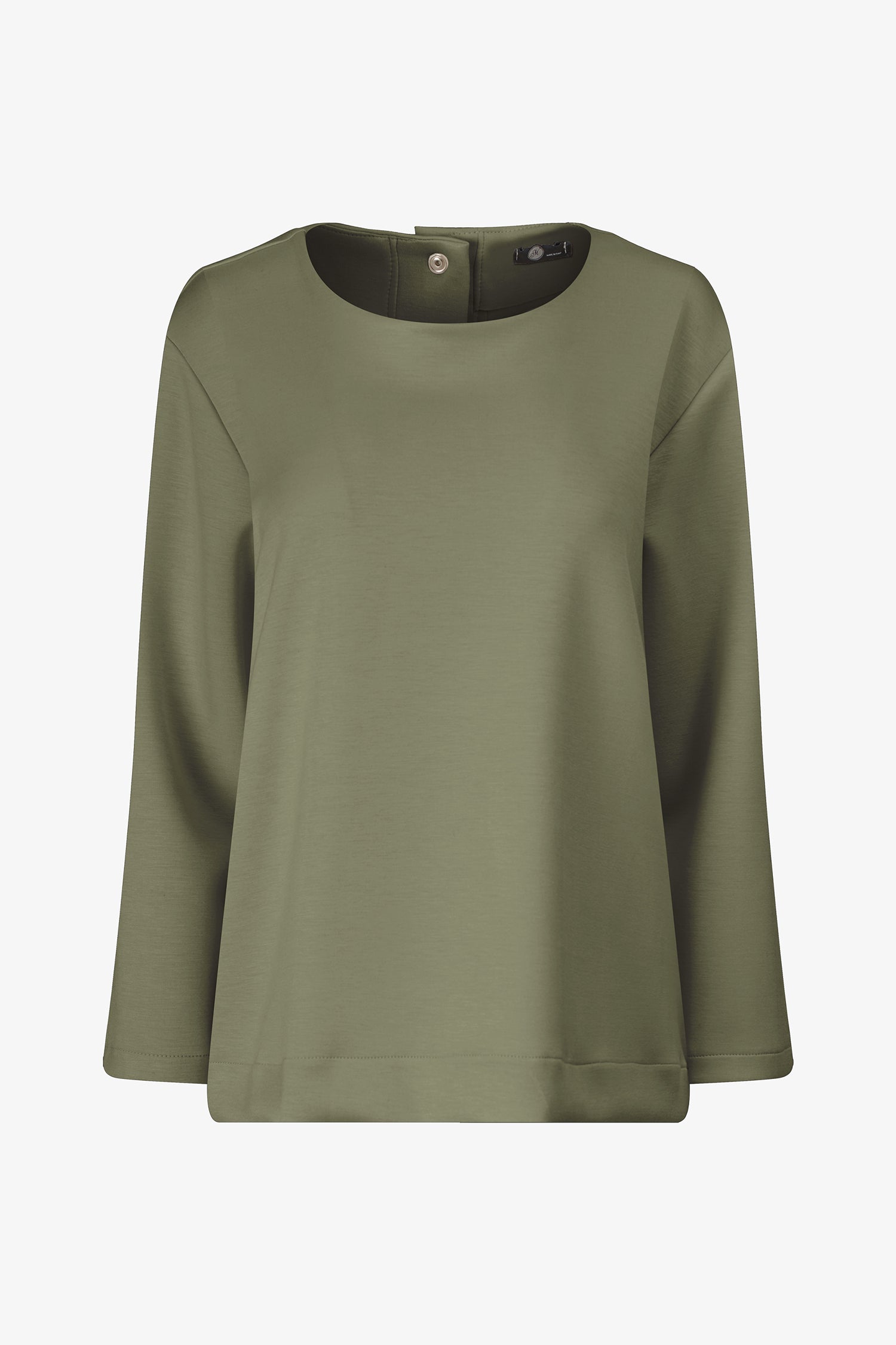 Women’s knit crew-neckline sweatshirt, with long sleeves and a snap-button closure system at the back