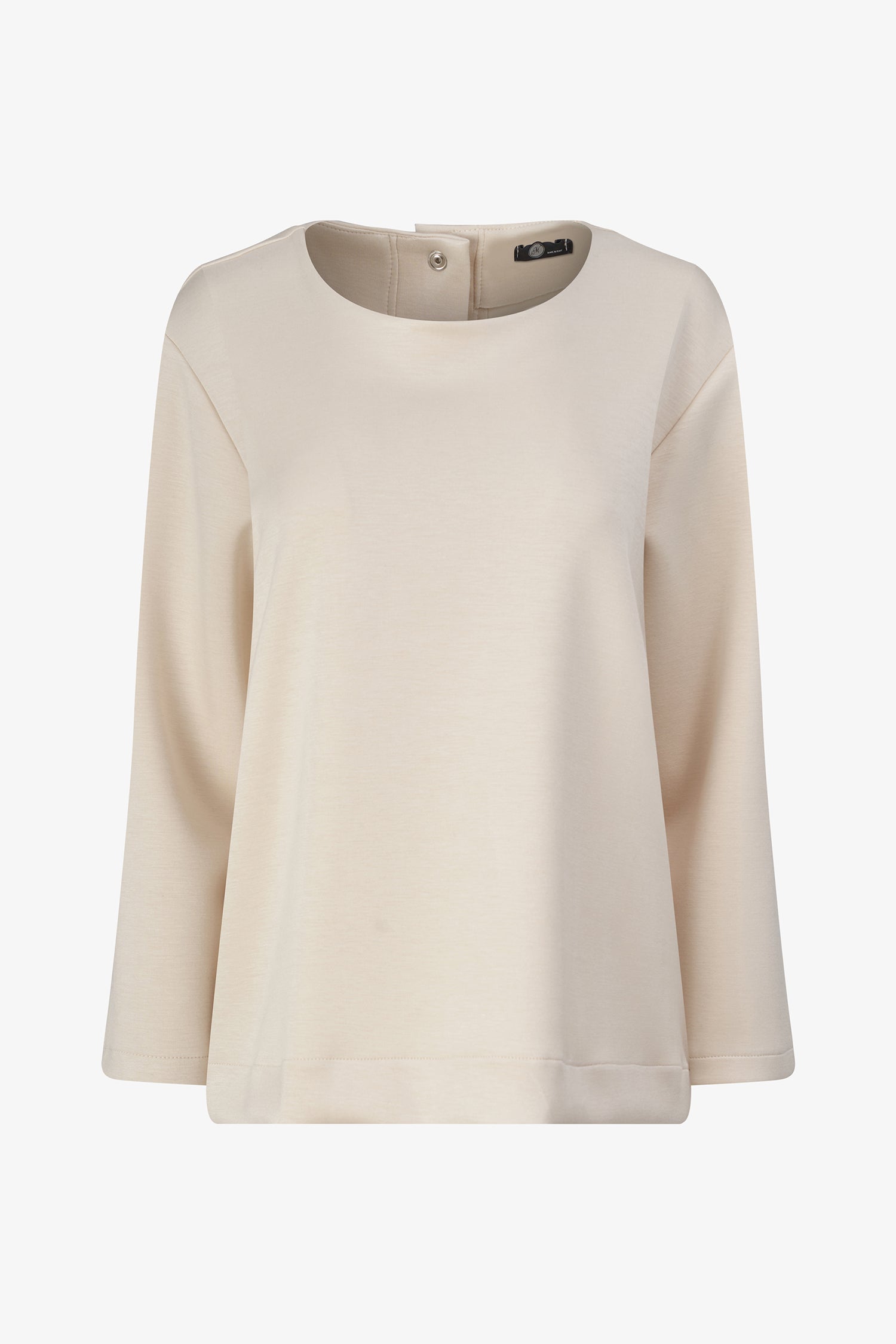 Women’s knit crew-neckline sweatshirt, with long sleeves and a snap-button closure system at the back