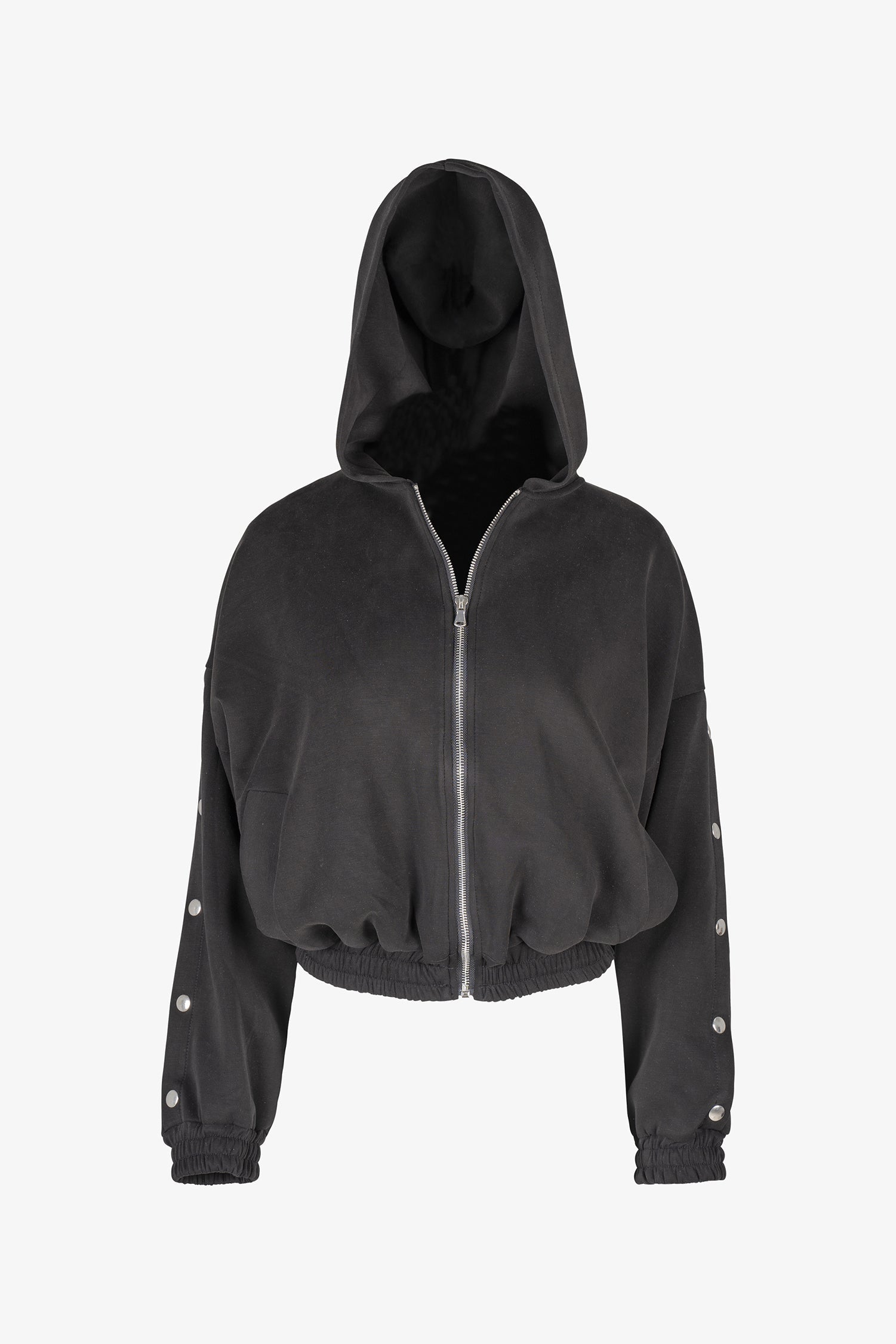 Women's knit hooded zip-up long sleeve sweatshirt, with stud detailing at the arms and front welt functional pockets