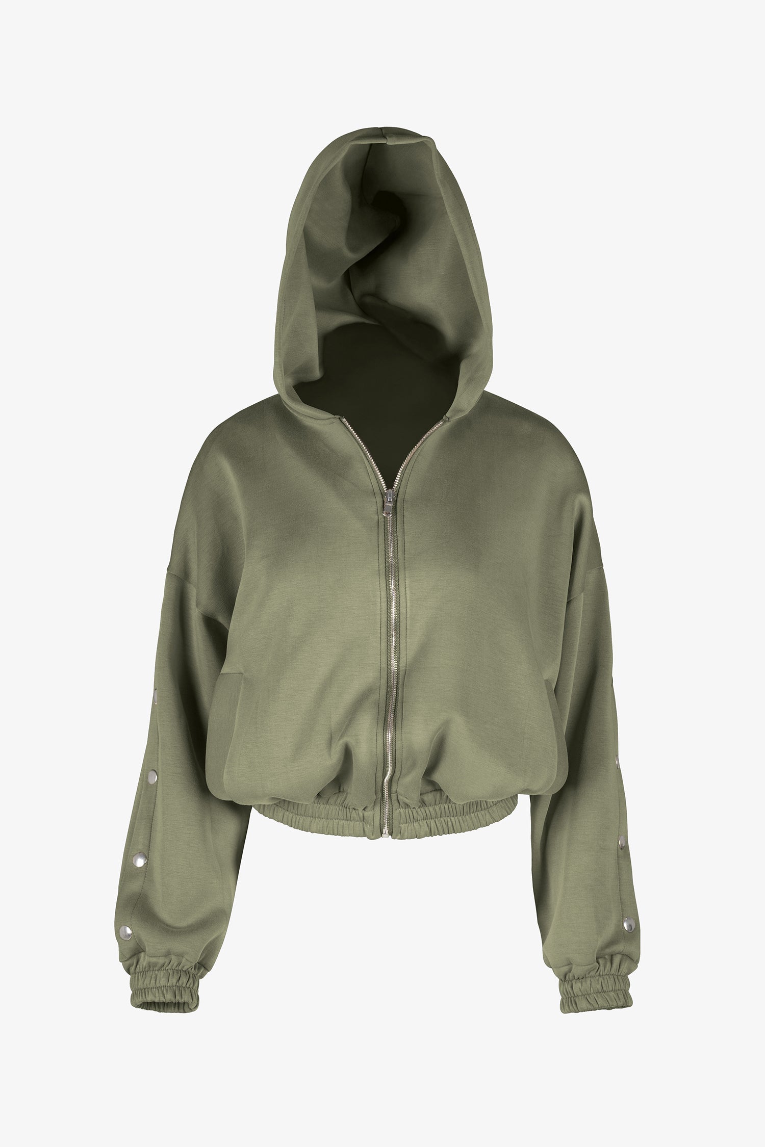 Women's knit hooded zip-up long sleeve sweatshirt, with stud detailing at the arms and front welt functional pockets