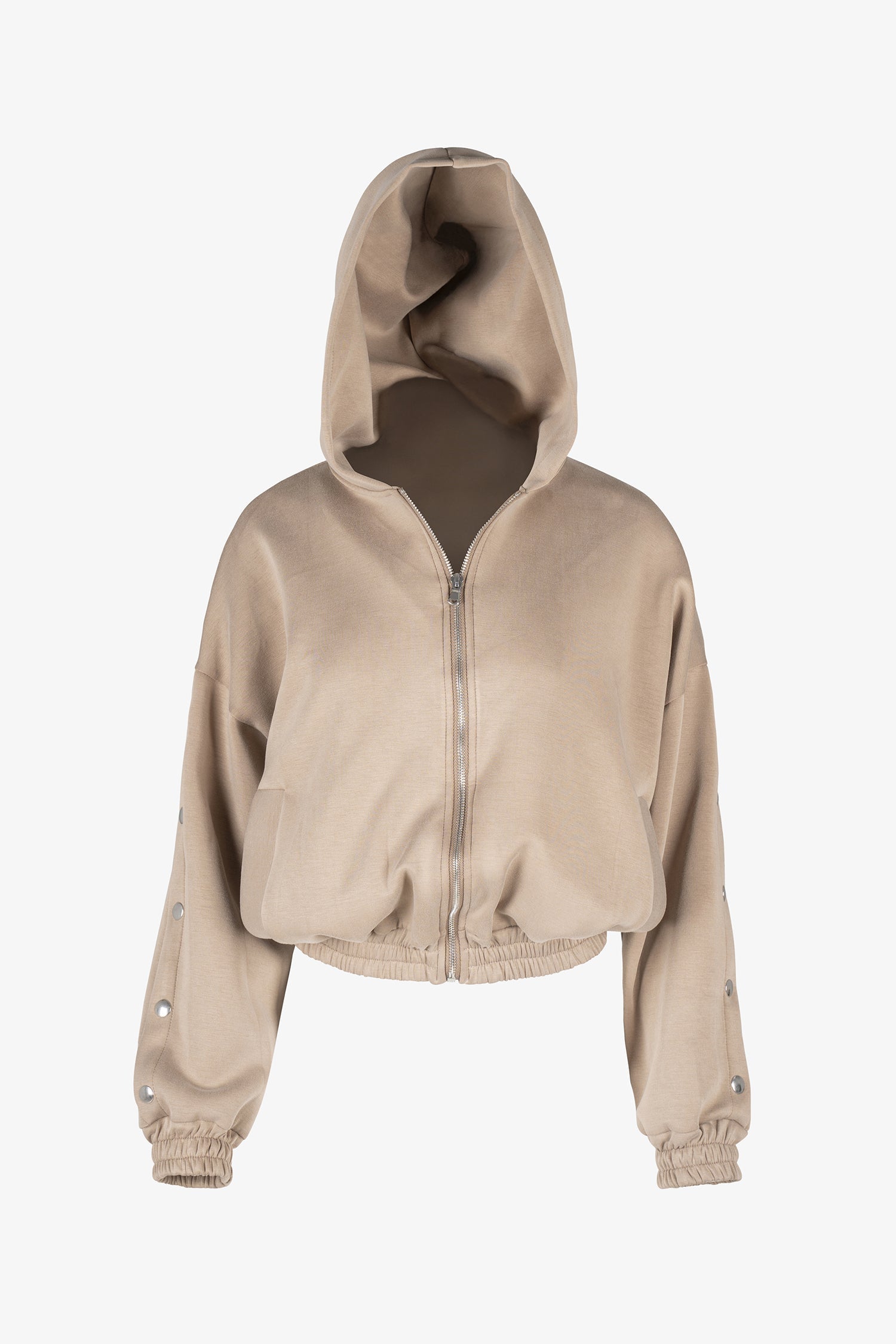 Women's knit hooded zip-up long sleeve sweatshirt, with stud detailing at the arms and front welt functional pockets