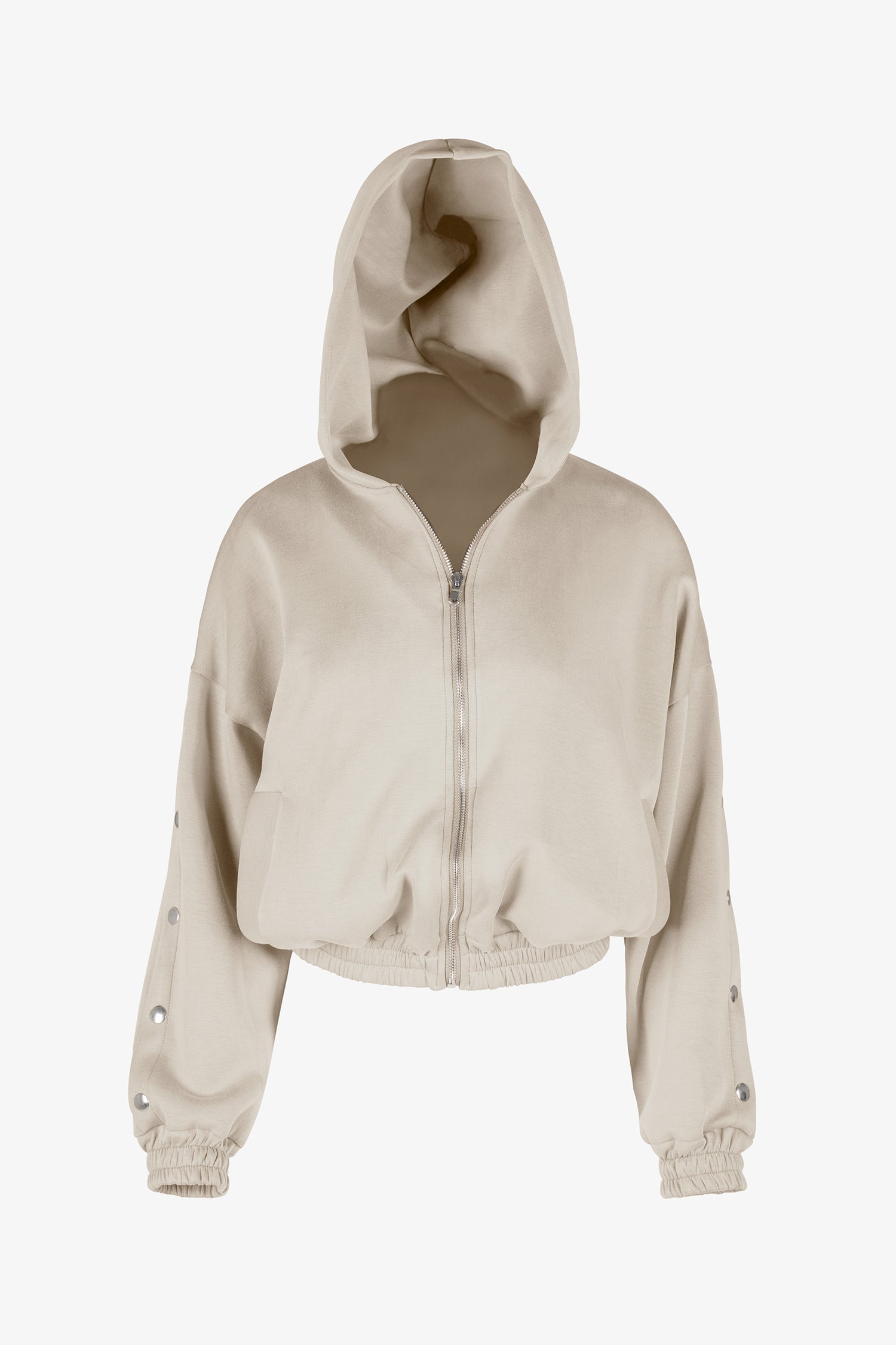 Women's knit hooded zip-up long sleeve sweatshirt, with stud detailing at the arms and front welt functional pockets