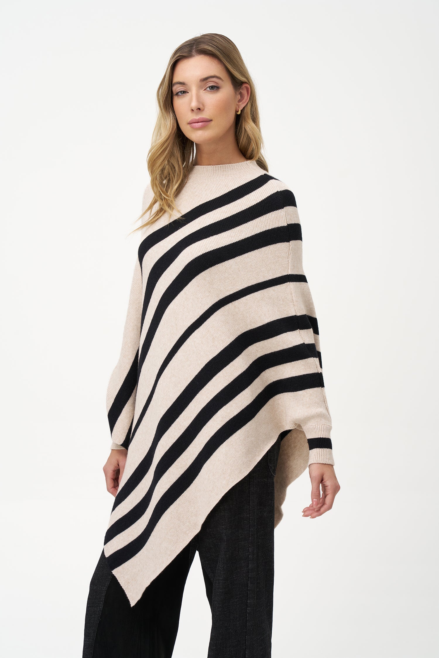 Women’s knit striped mock-neck poncho with a pointed hemline and wrist cuffs