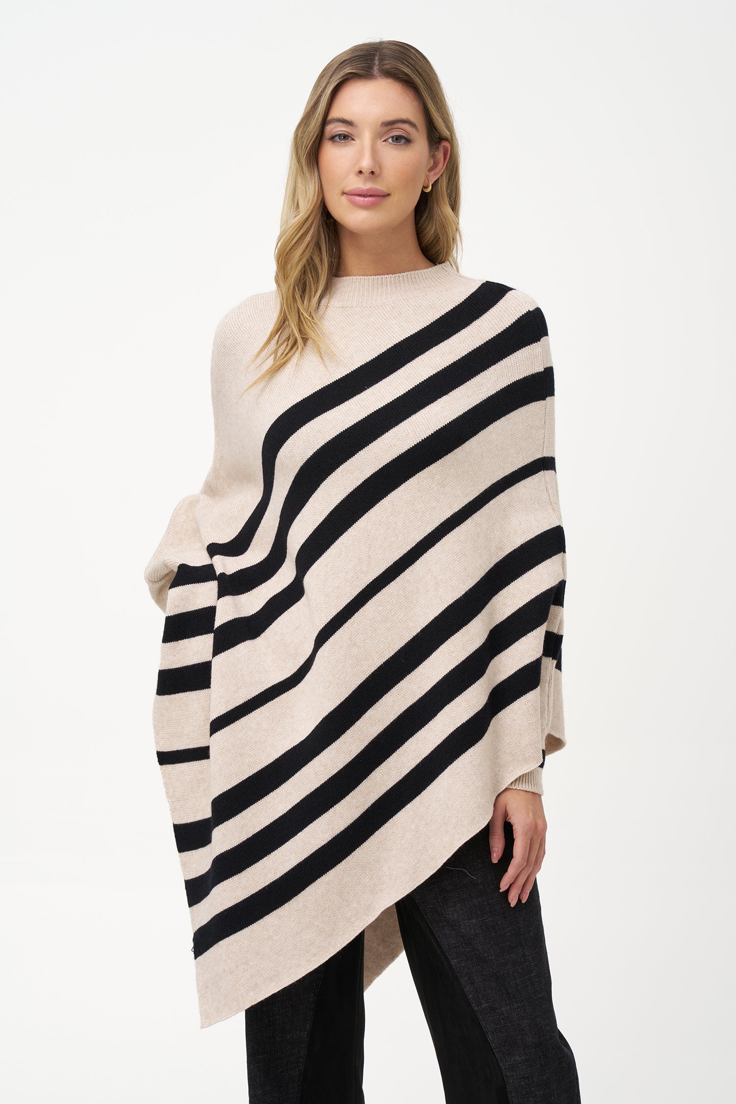 Women’s knit striped mock-neck poncho with a pointed hemline and wrist cuffs