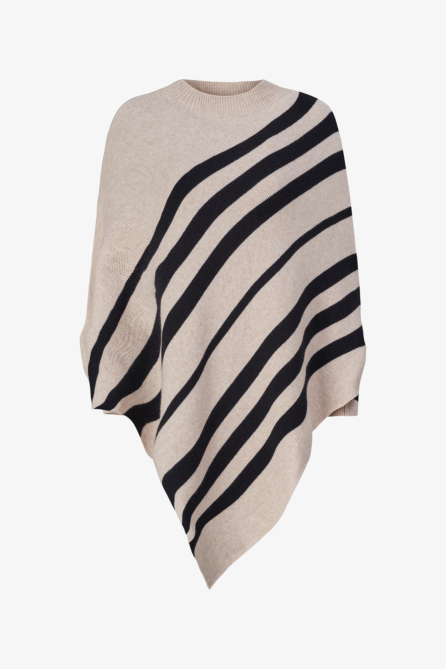 Women’s knit striped mock-neck poncho with a pointed hemline and wrist cuffs