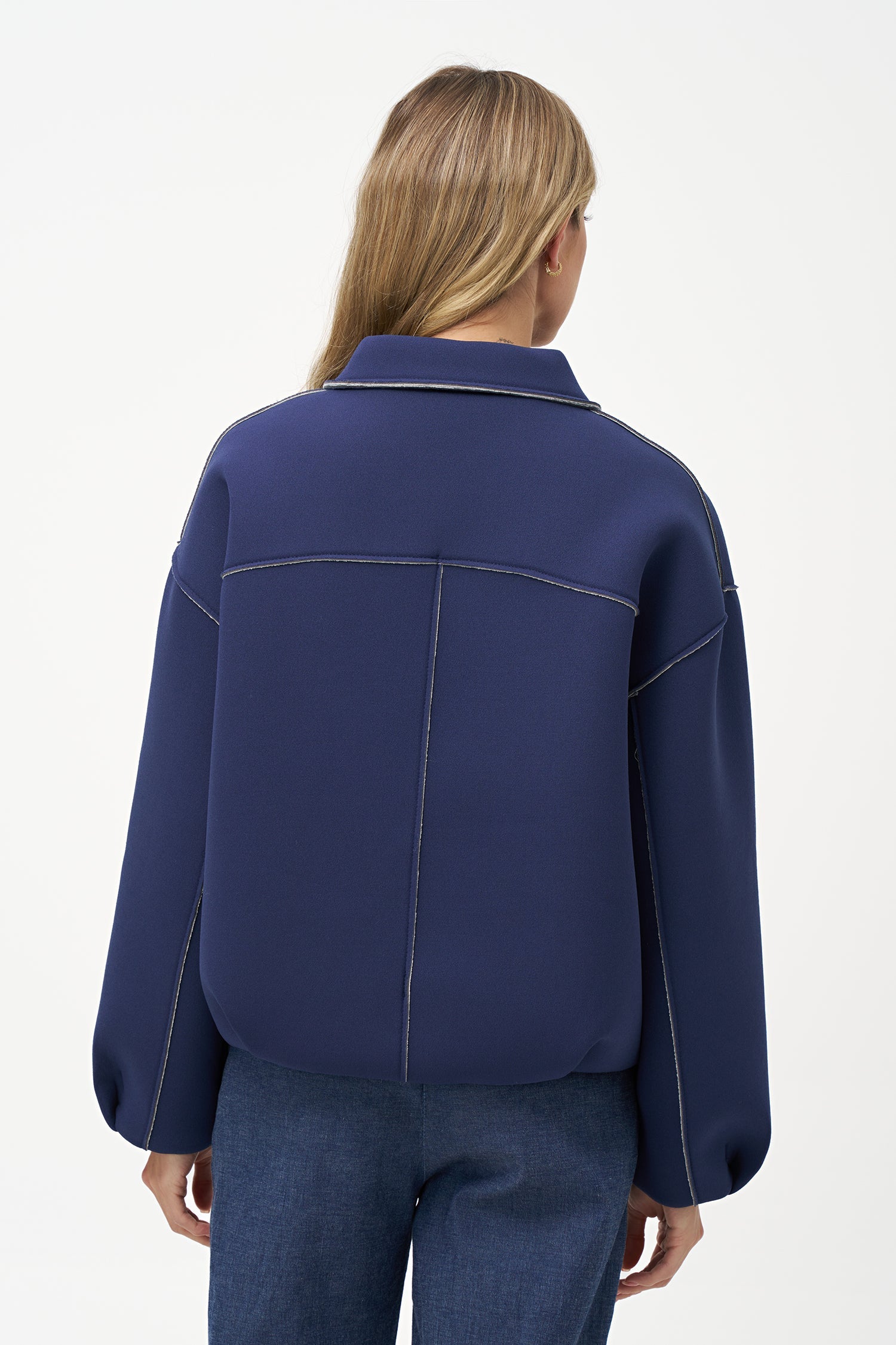 Women's knit shirt collar zip-up jacket, with long sleeves and a bubble hemline