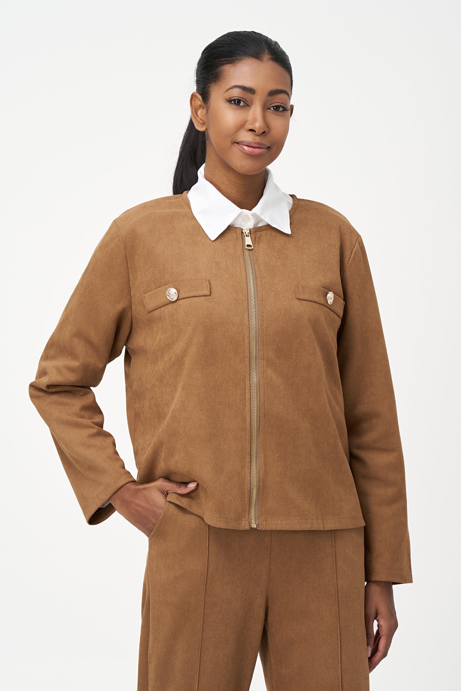 Women's knit zip-up long sleeve crew-neckline jacket, with faux-welt pockets and gold decorative buttons