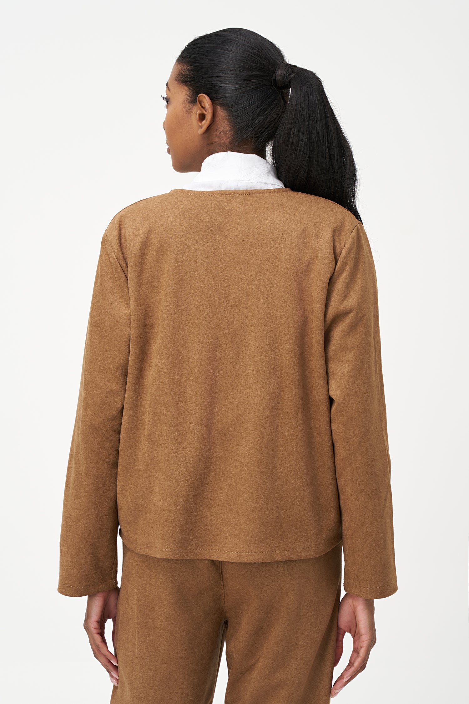 Women's knit zip-up long sleeve crew-neckline jacket, with faux-welt pockets and gold decorative buttons
