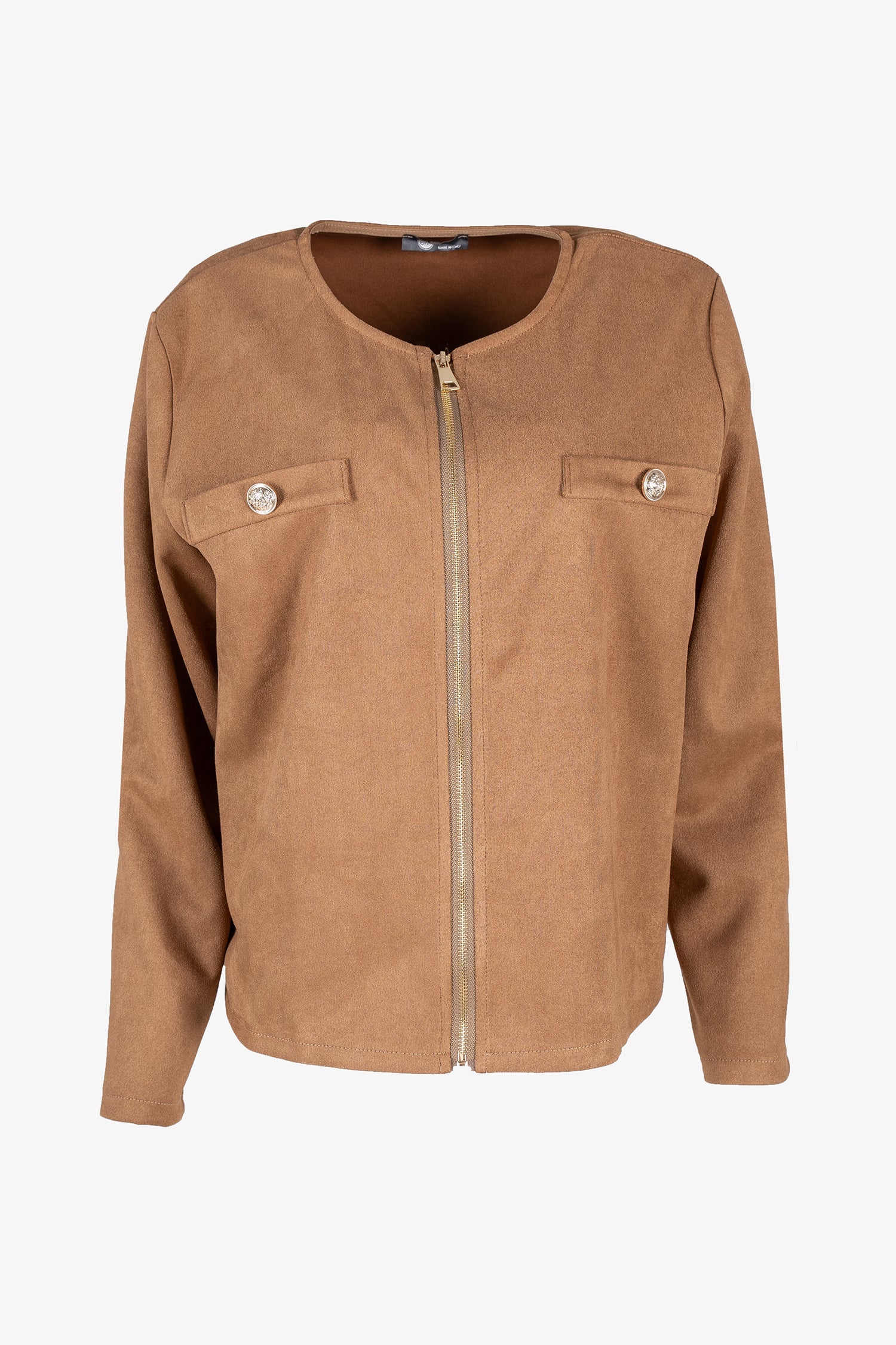 Women's knit zip-up long sleeve crew-neckline jacket, with faux-welt pockets and gold decorative buttons