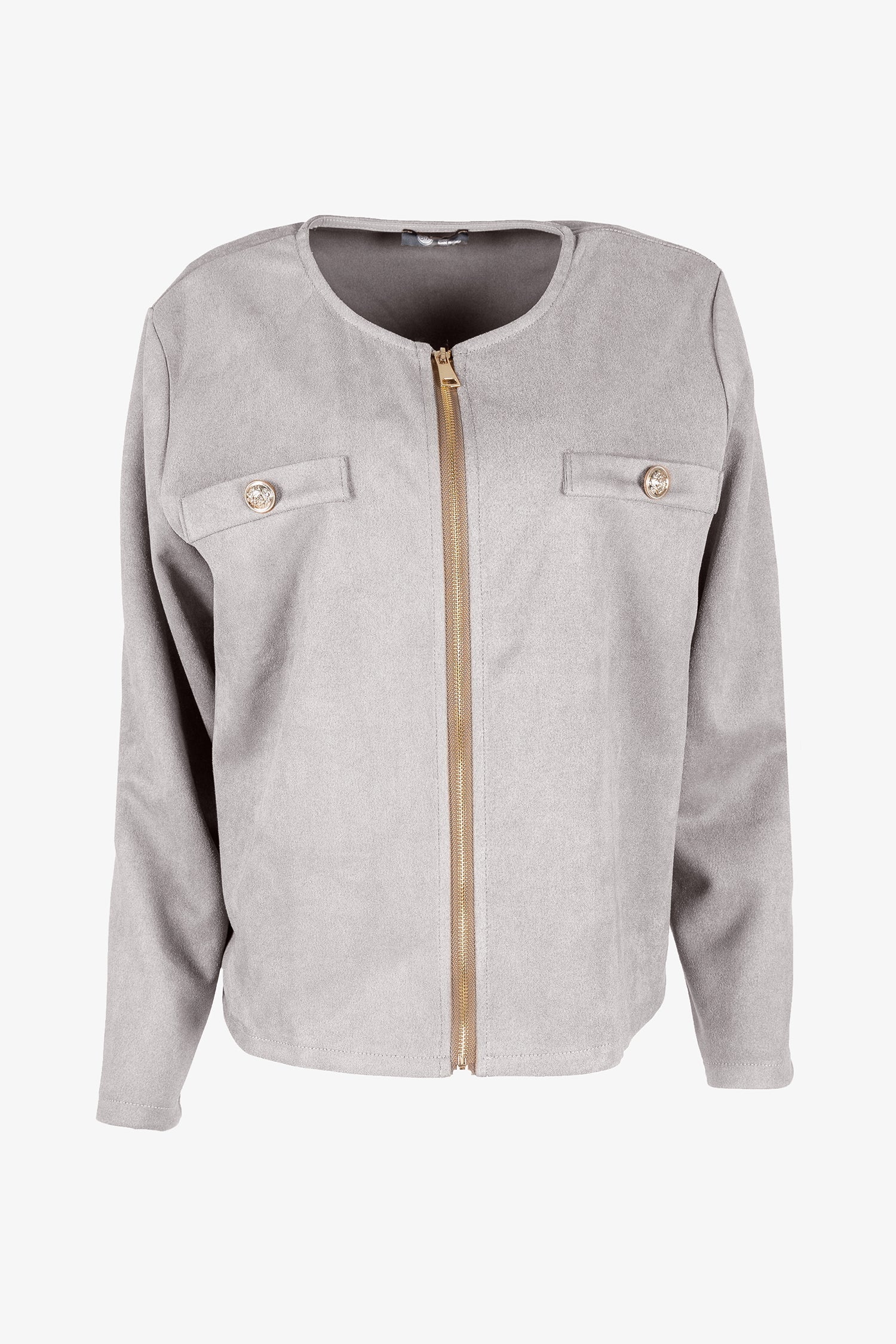 Women's knit zip-up long sleeve crew-neckline jacket, with faux-welt pockets and gold decorative buttons