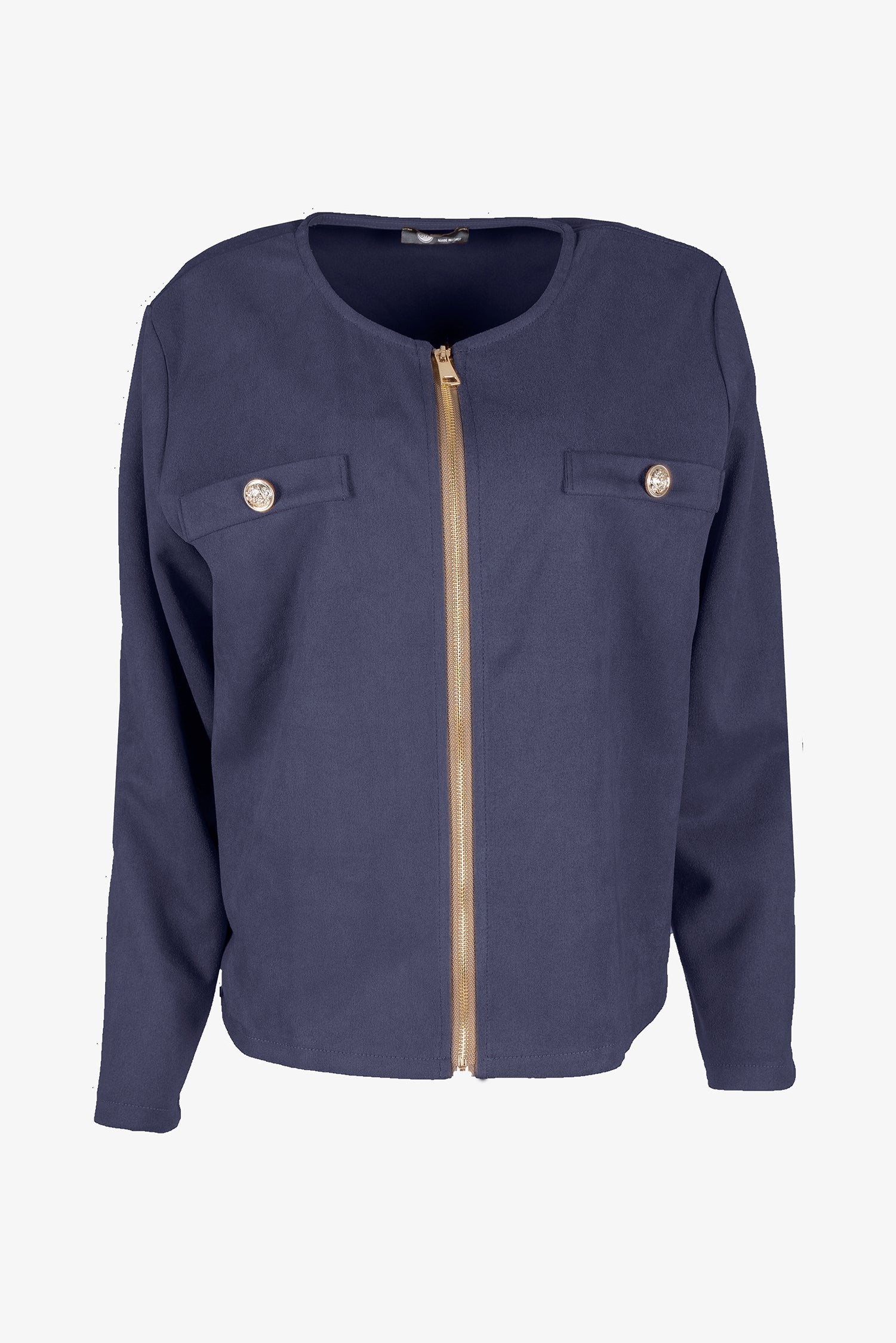 Women's knit zip-up long sleeve crew-neckline jacket, with faux-welt pockets and gold decorative buttons