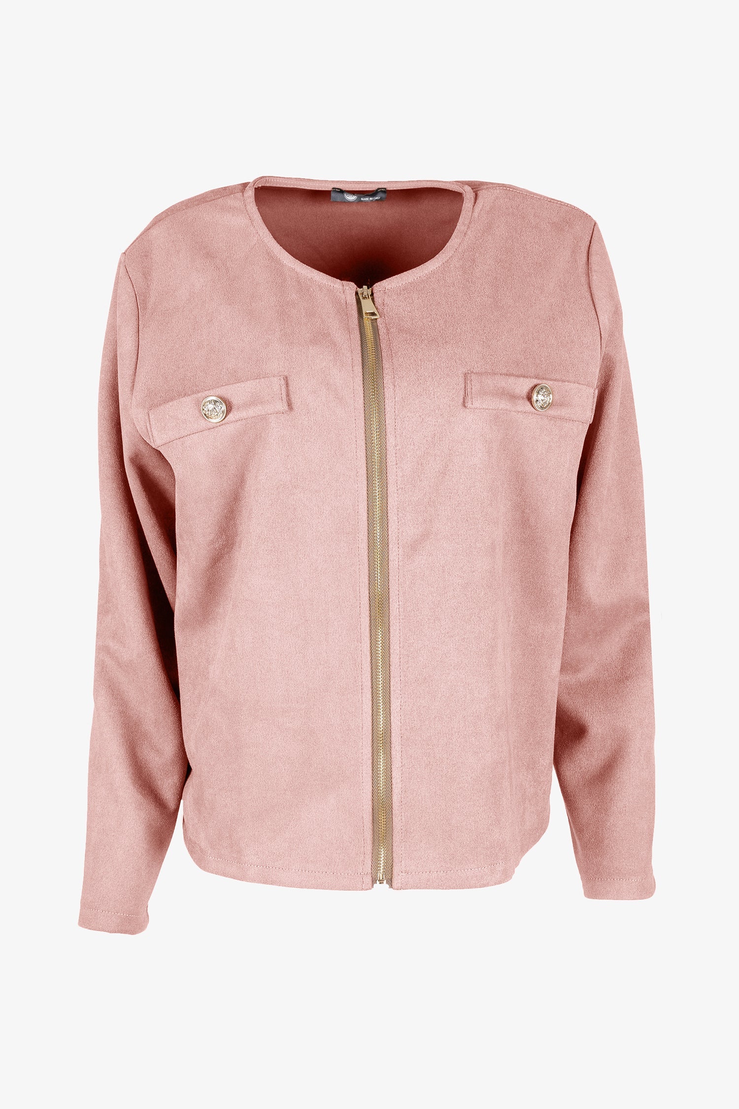 Women's knit zip-up long sleeve crew-neckline jacket, with faux-welt pockets and gold decorative buttons