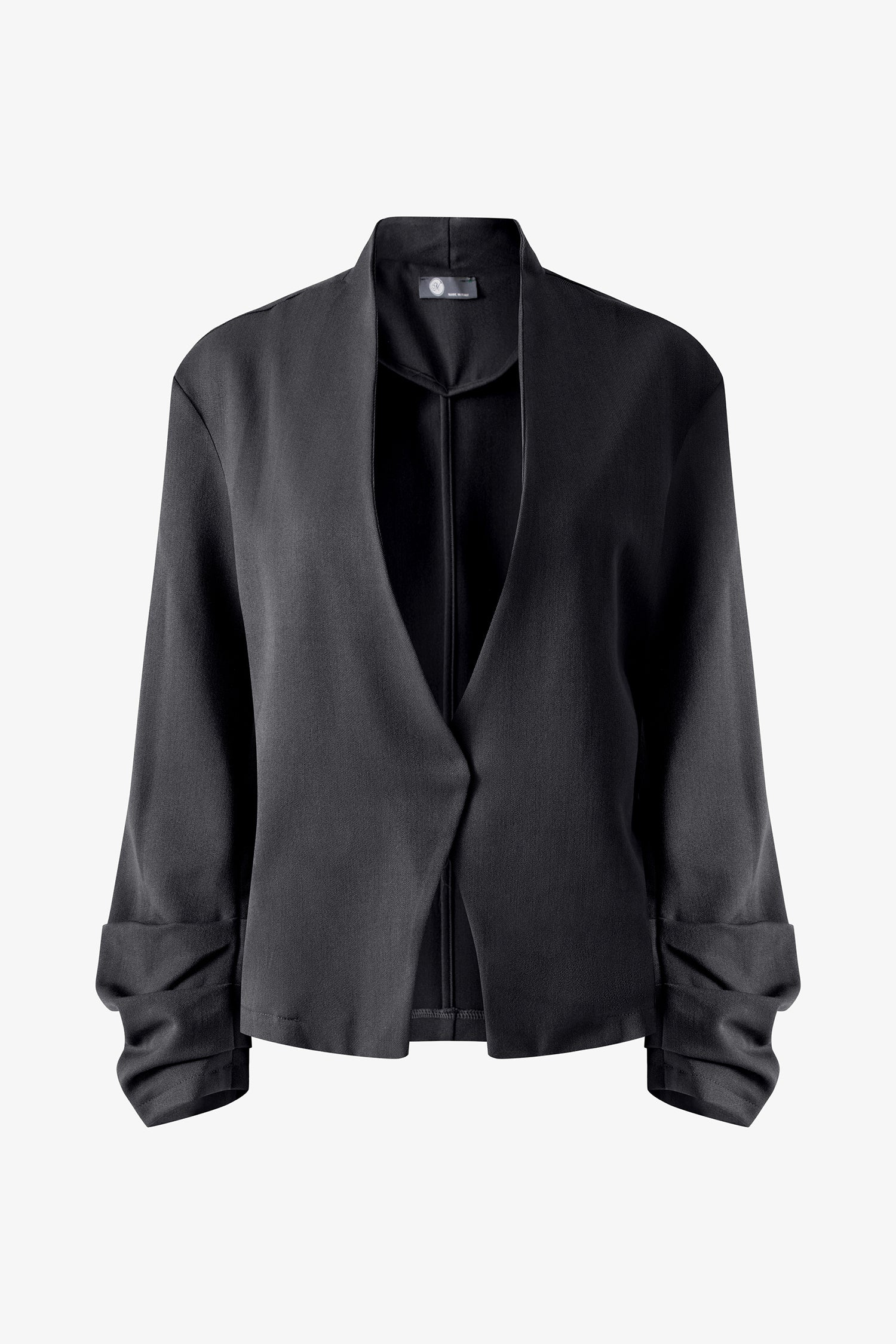 Women’s open woven long sleeve blazer, with gathered sleeves at the wrists