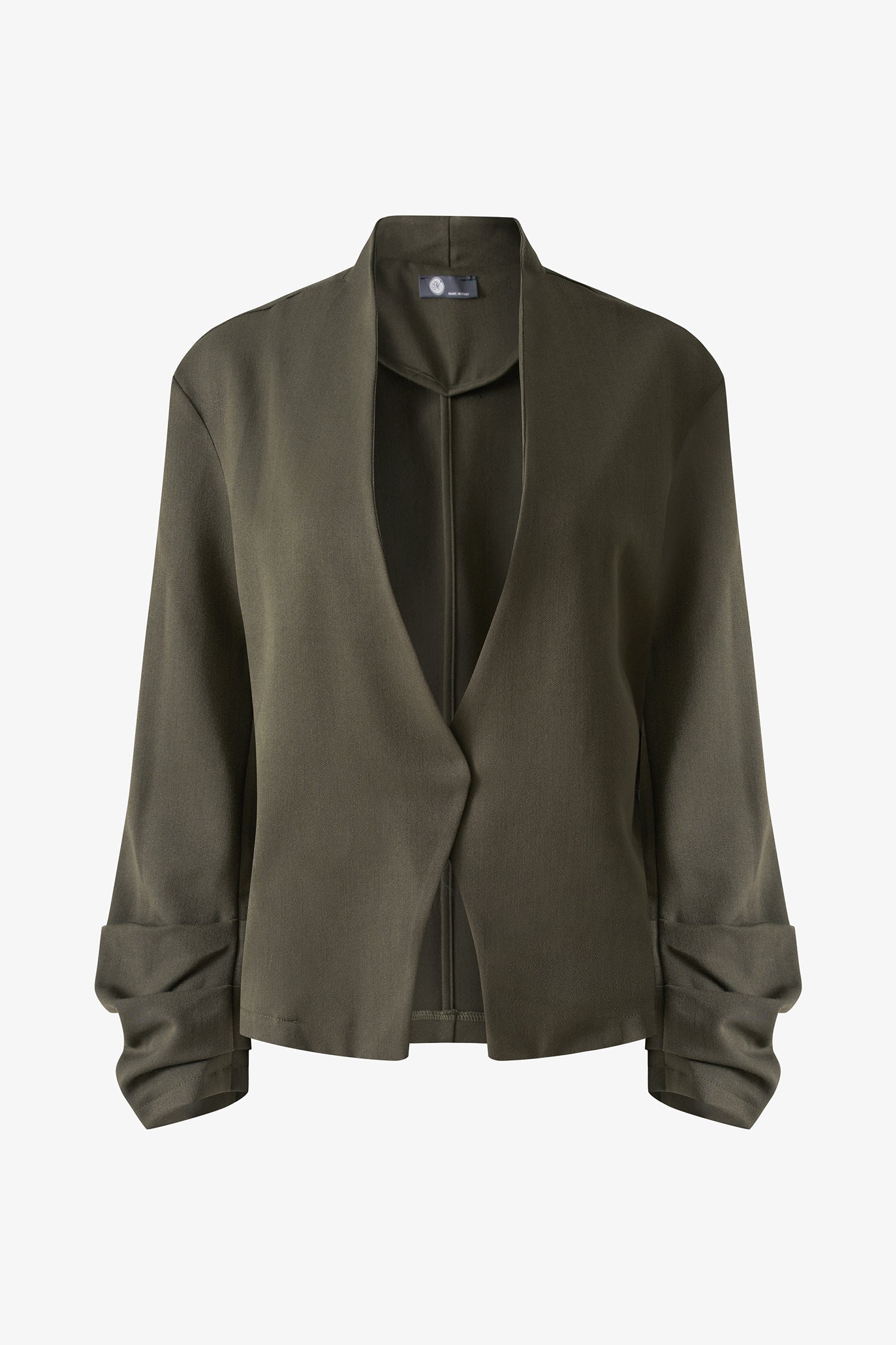 Women’s open woven long sleeve blazer, with gathered sleeves at the wrists