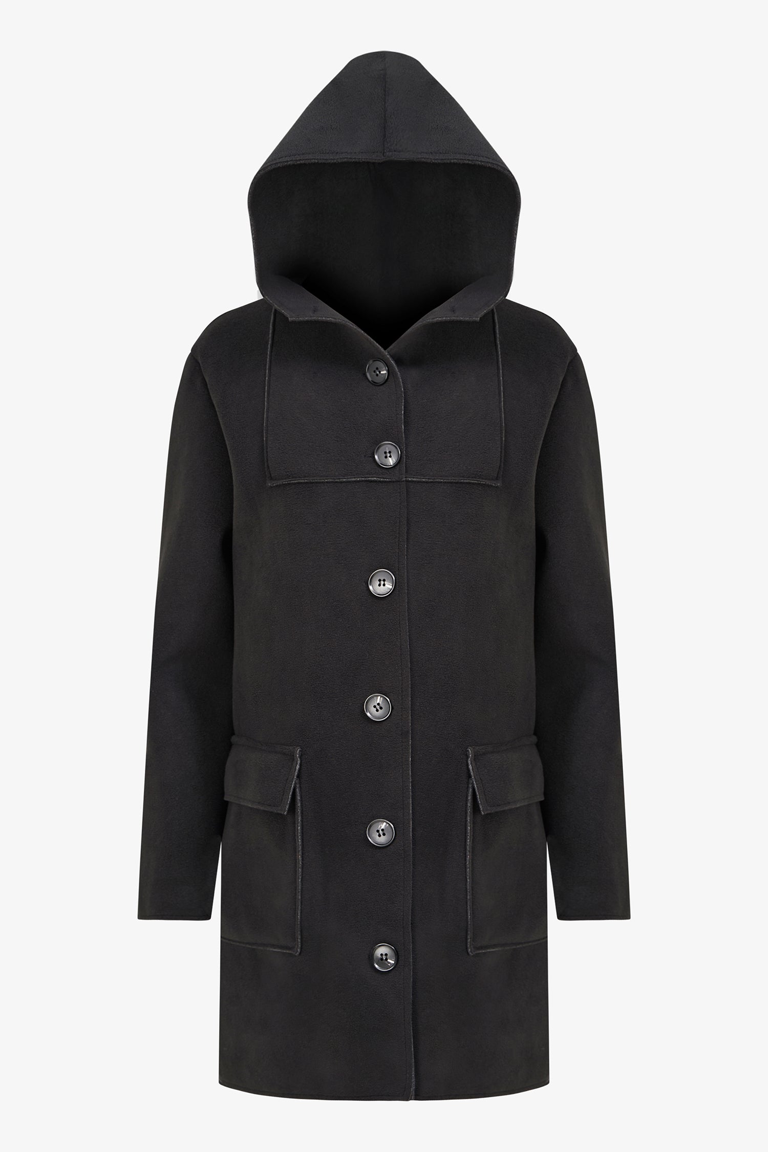 Women's woven mid length button down coat, with hood and patch pockets