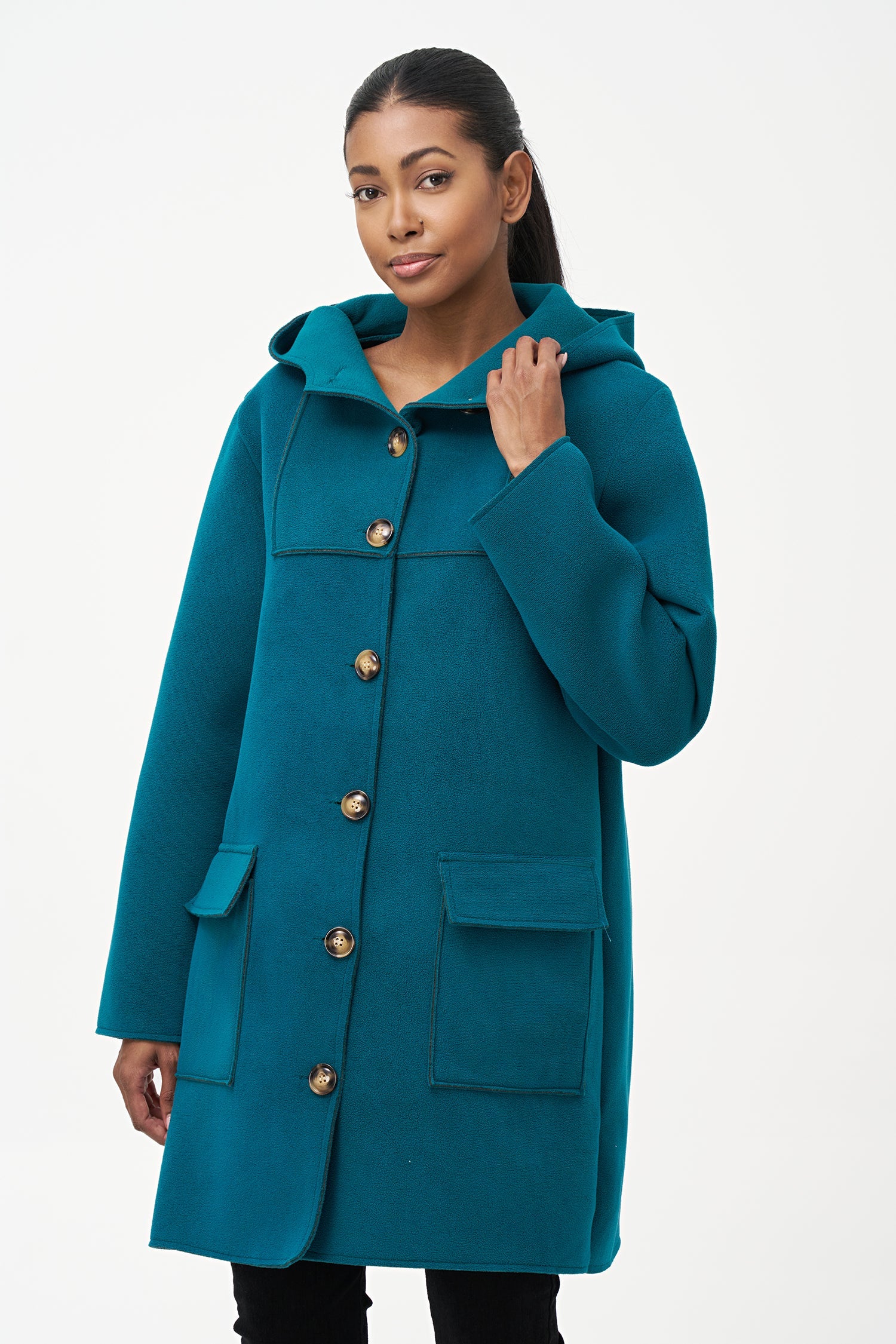 Women's woven mid length button down coat, with hood and patch pockets