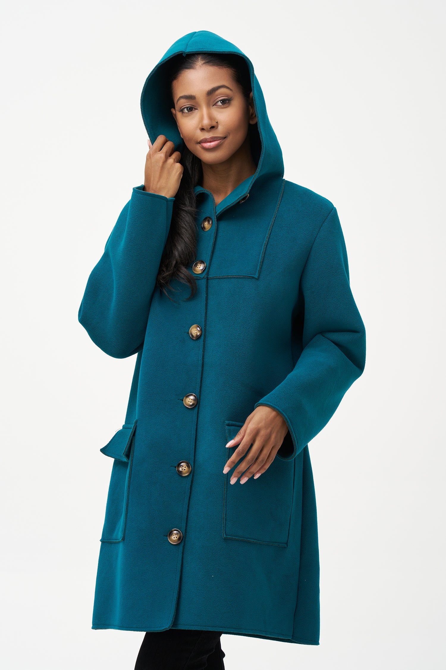 Women's woven mid length button down coat, with hood and patch pockets