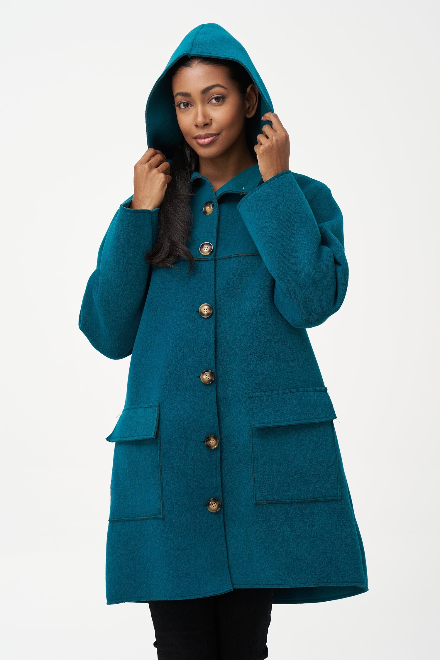 Women's woven mid length button down coat, with hood and patch pockets
