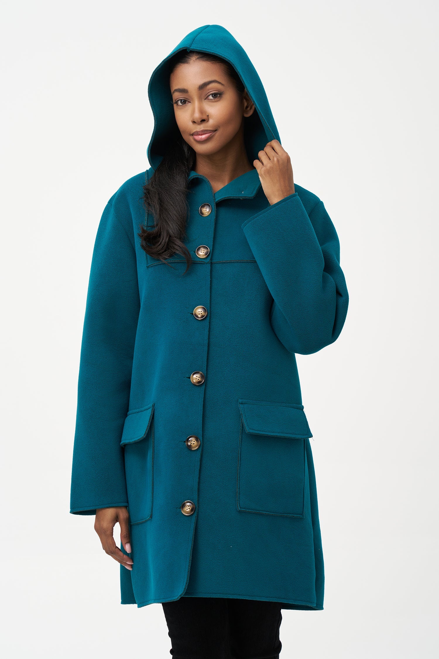 Women's woven mid length button down coat, with hood and patch pockets