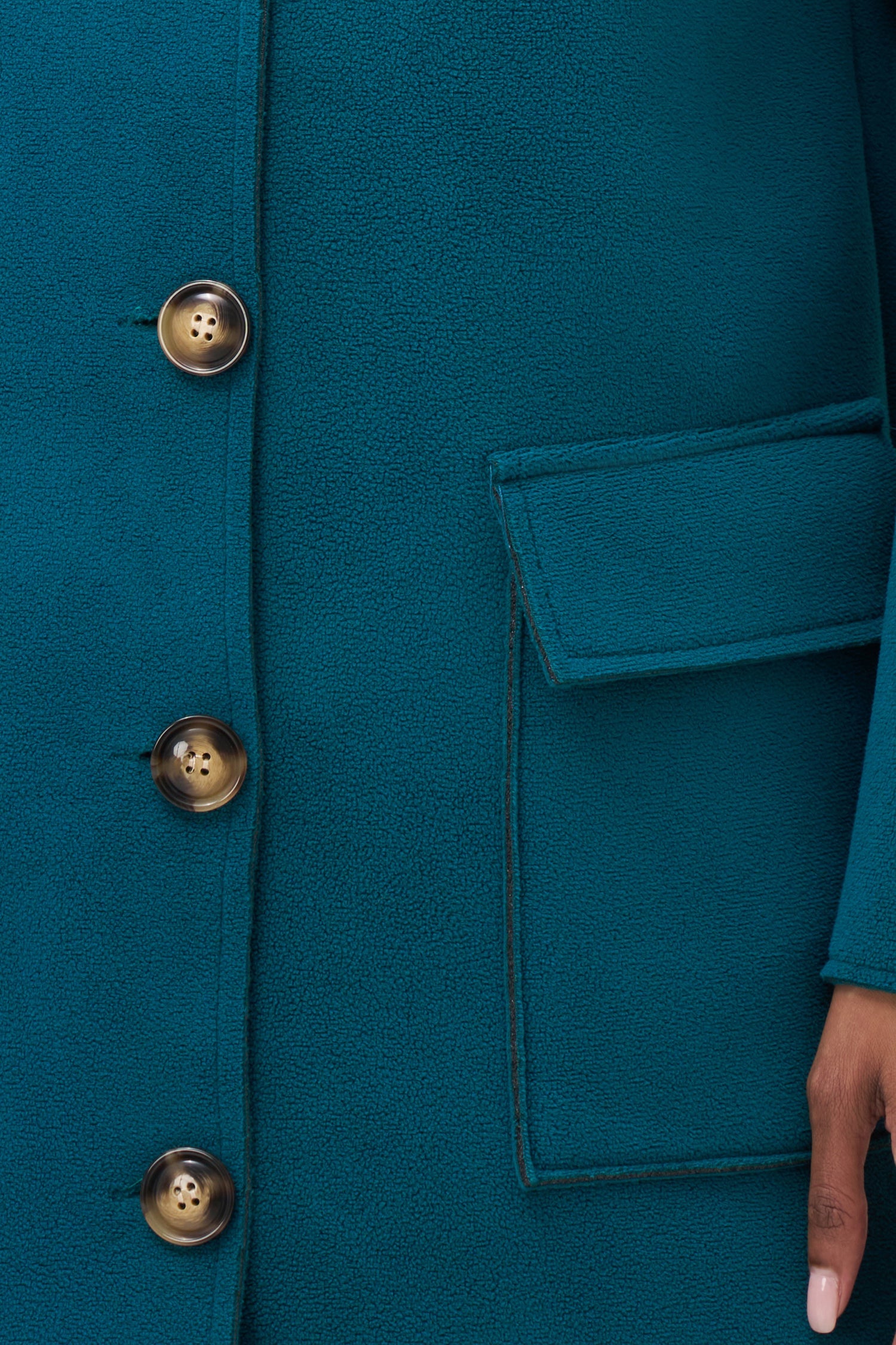 Women's woven mid length button down coat, with hood and patch pockets