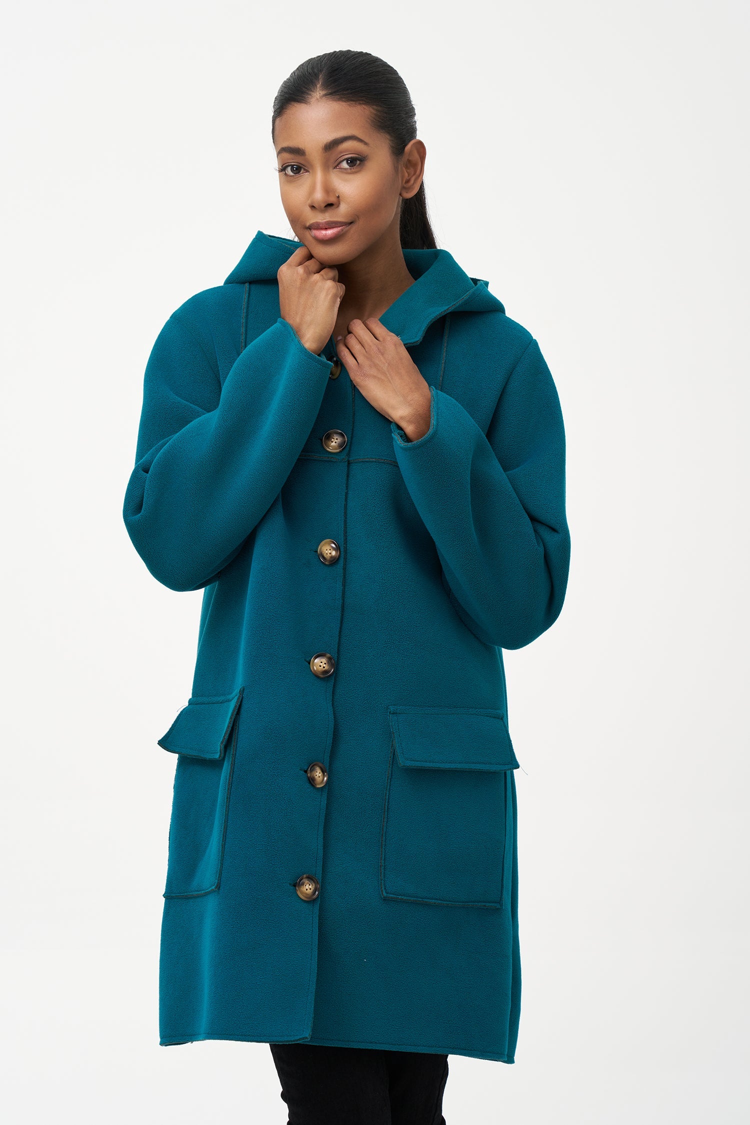 Women's woven mid length button down coat, with hood and patch pockets
