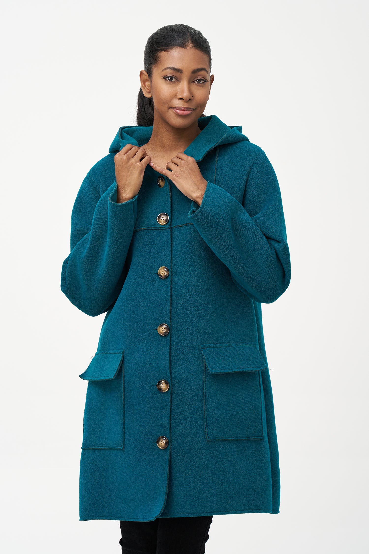 Women's woven mid length button down coat, with hood and patch pockets