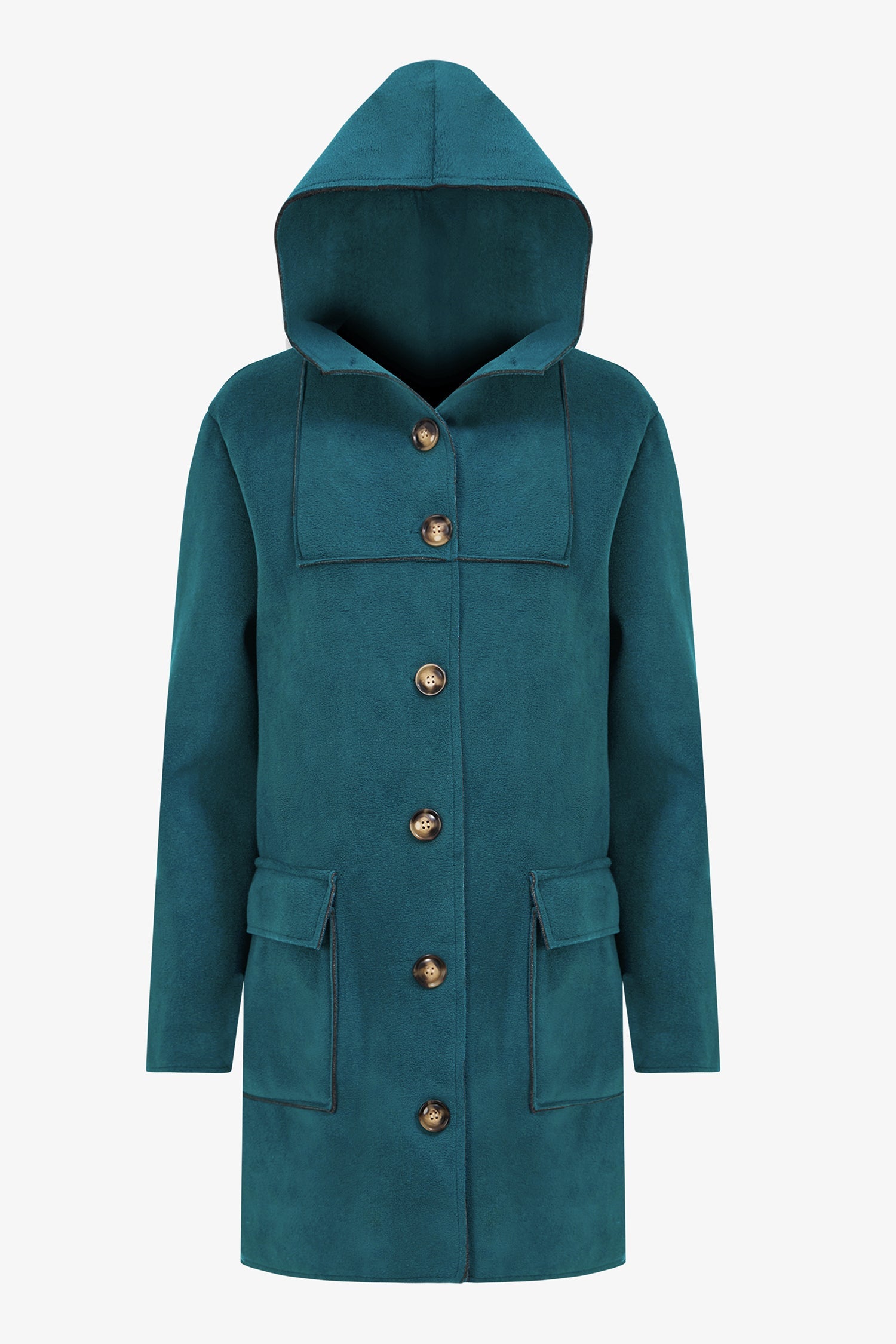 Women's woven mid length button down coat, with hood and patch pockets