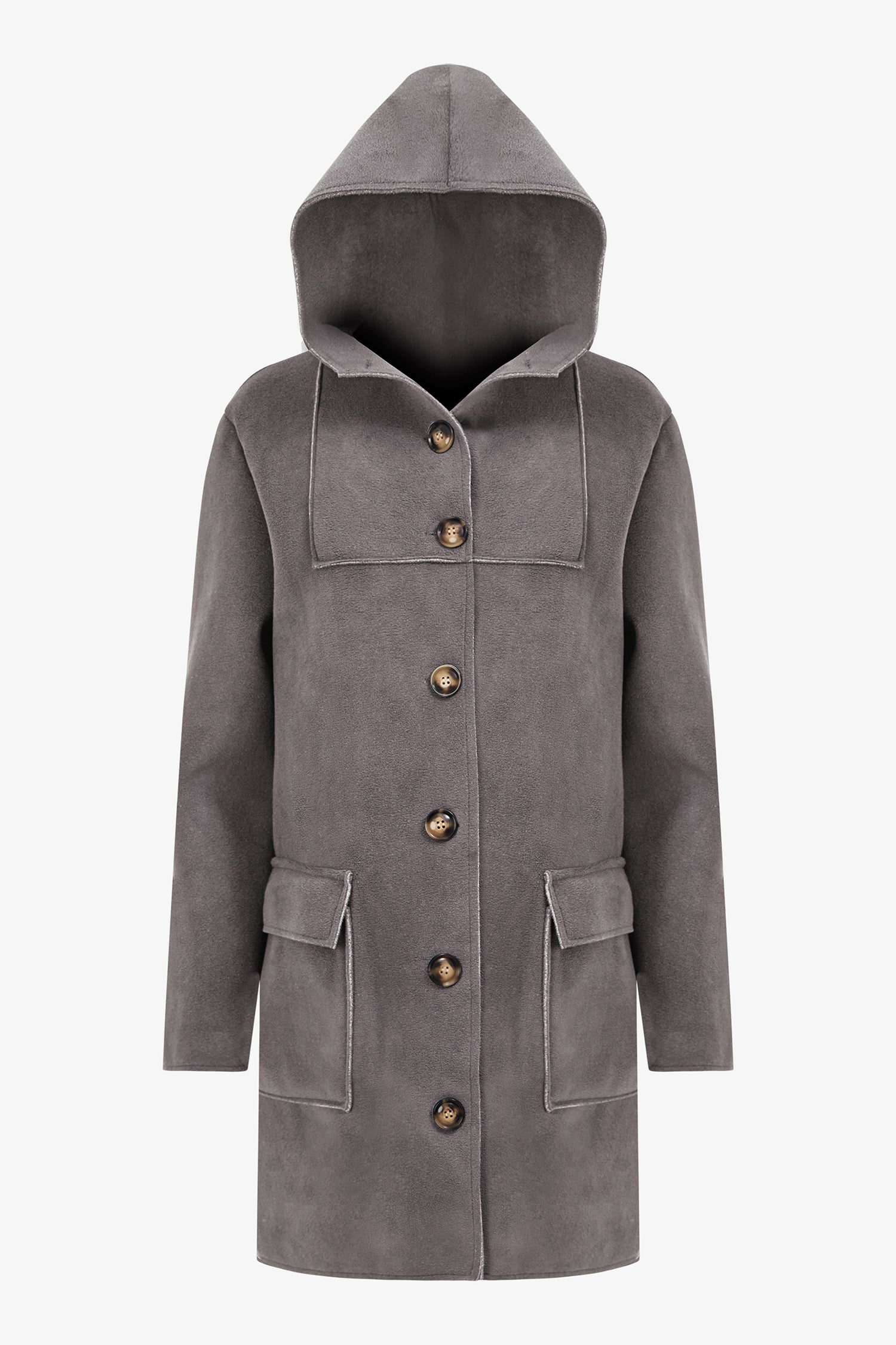 Women's woven mid length button down coat, with hood and patch pockets