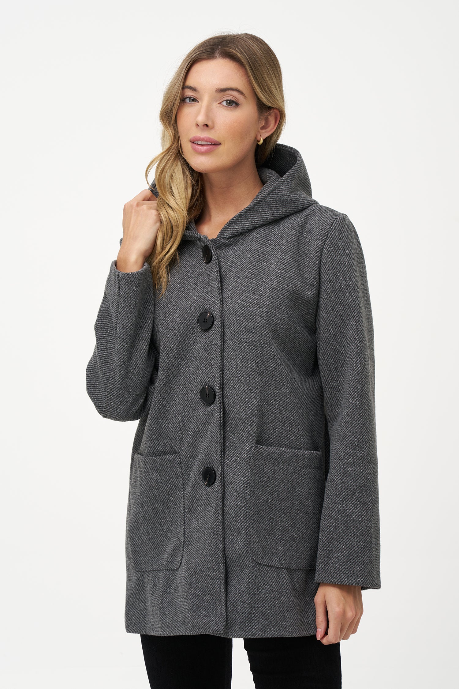 Women's woven hip length coat, with a hood, patch pockets and a front button  closure system (lined)