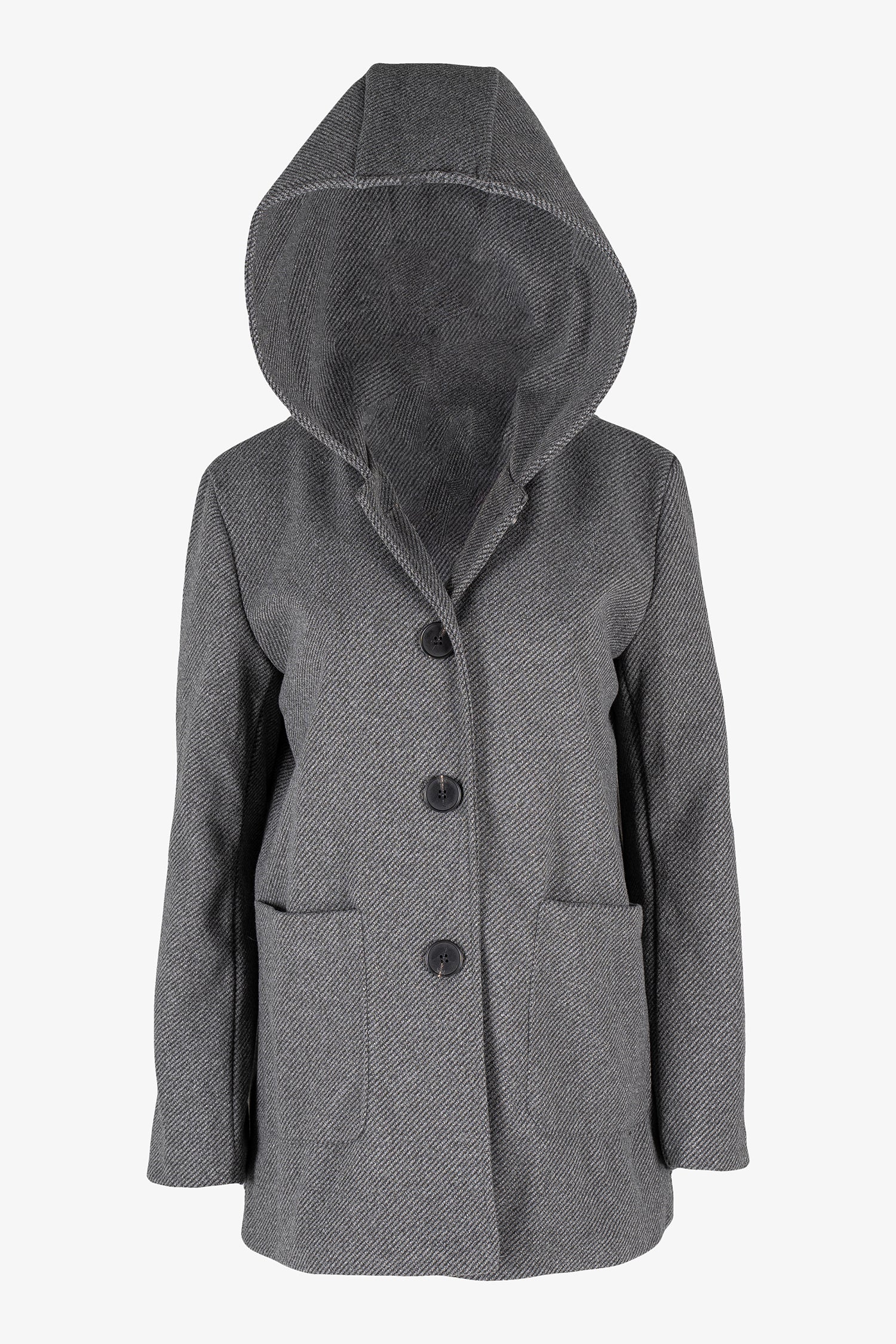 Women's woven hip length coat, with a hood, patch pockets and a front button  closure system (lined)