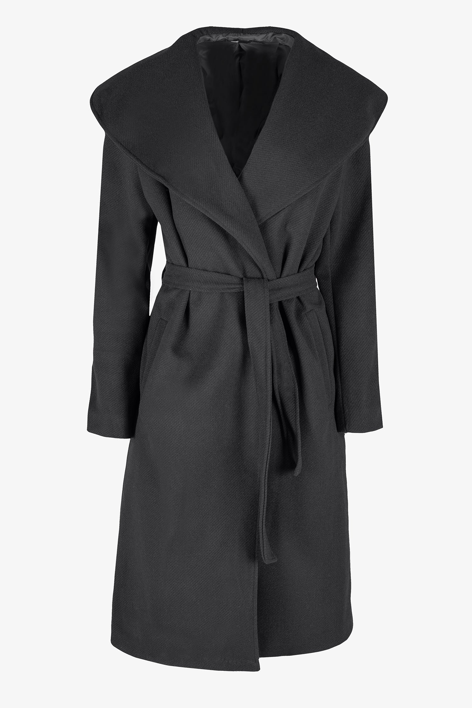 Women's woven long coat, with an oversized shawl collar, side seam pockets and a belt closure system