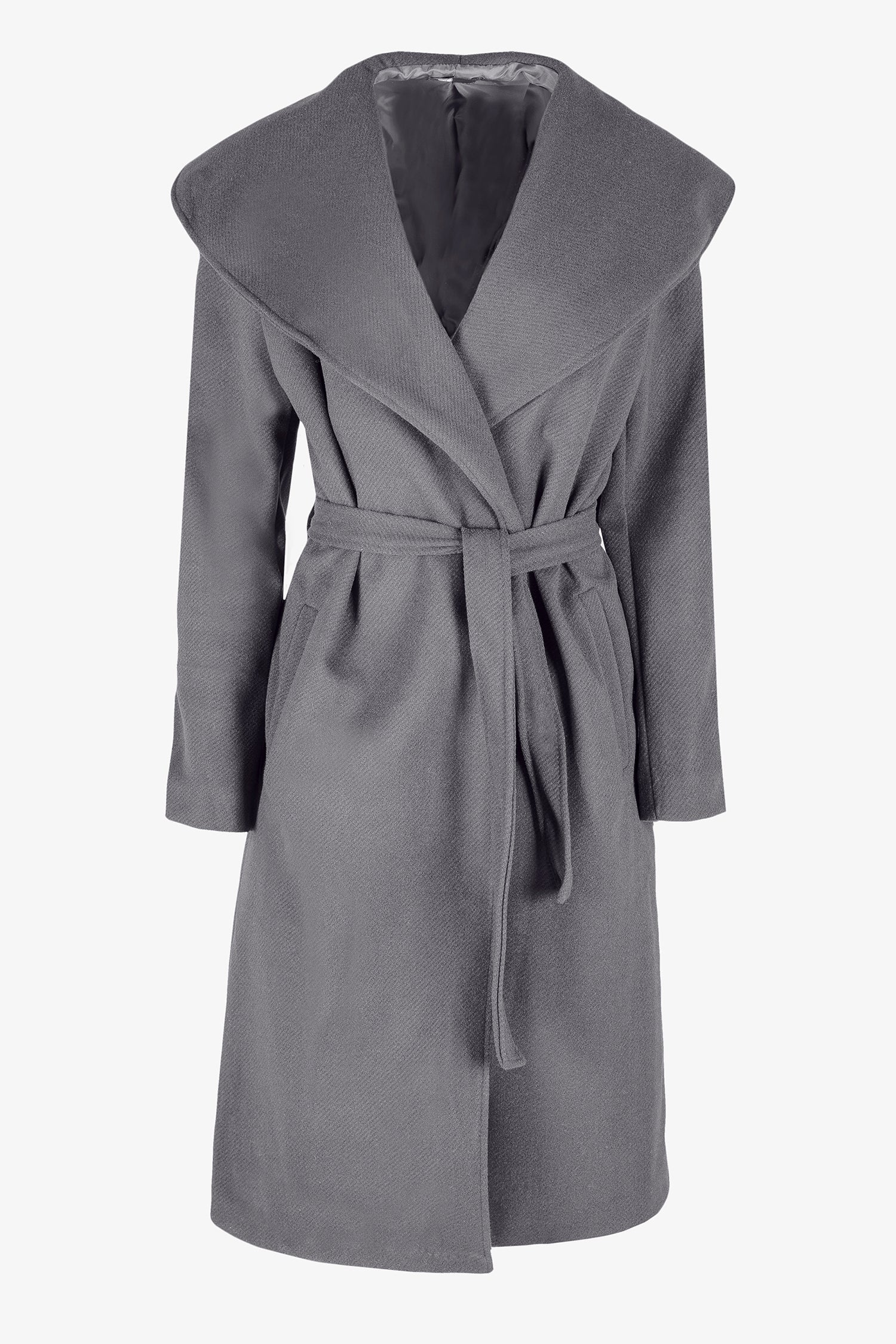 Women's woven long coat, with an oversized shawl collar, side seam pockets and a belt closure system